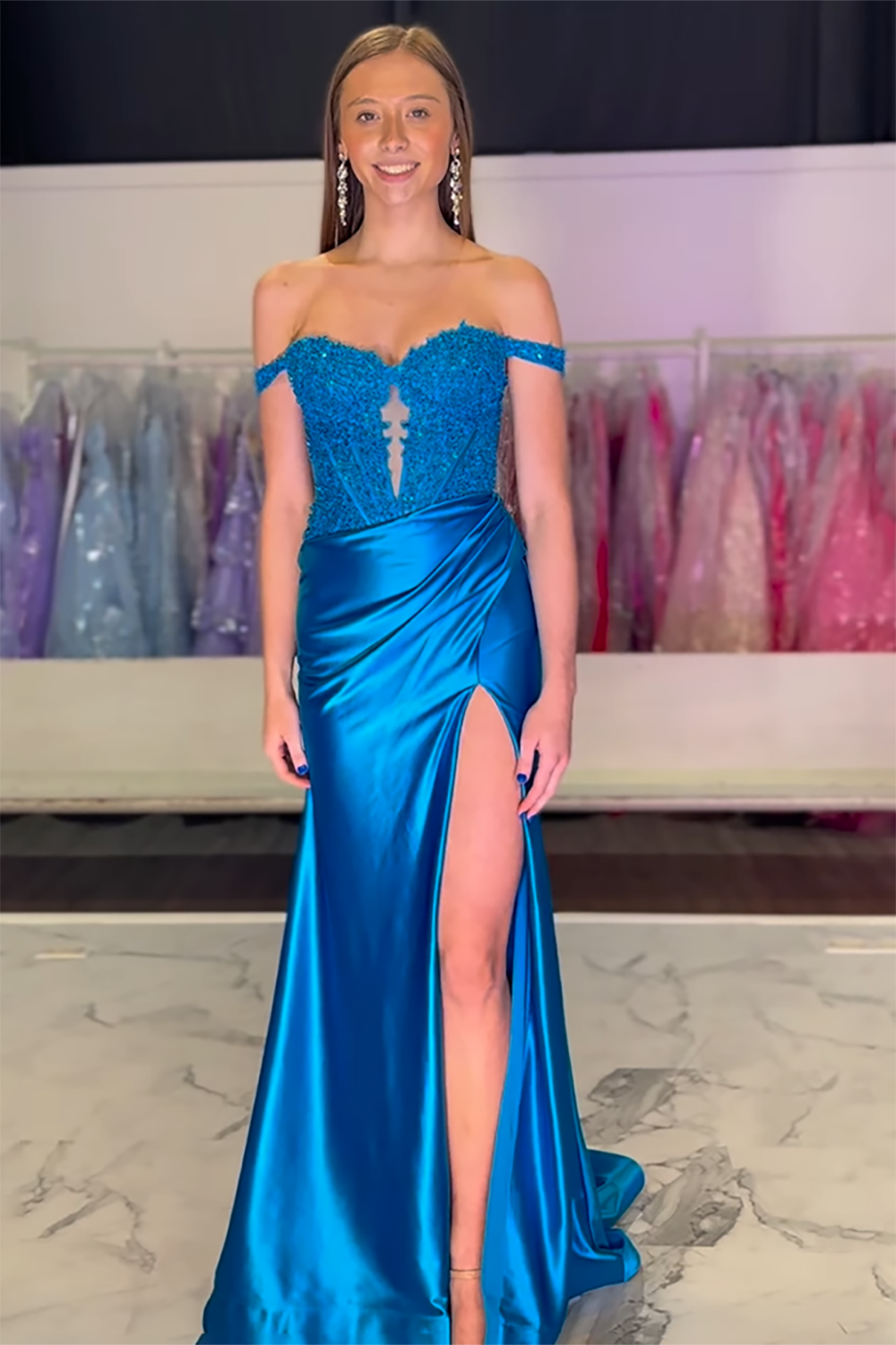 Mermaid Corset Prom Dress in Royal Blue with Off-the-Shoulder Satin and Appliques