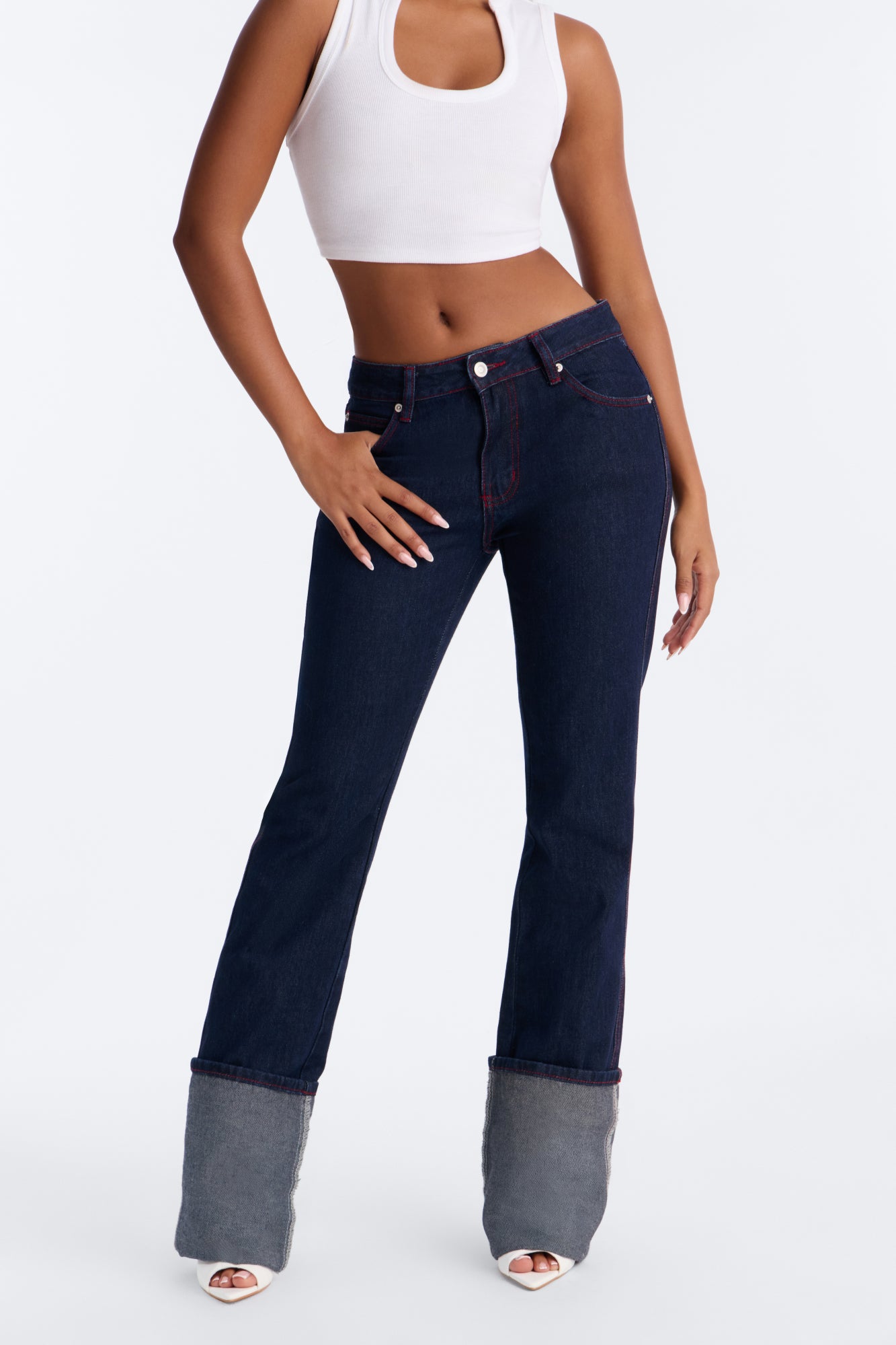 No Mercy Rolled Cuff Bootcut Jeans - Dark Denim