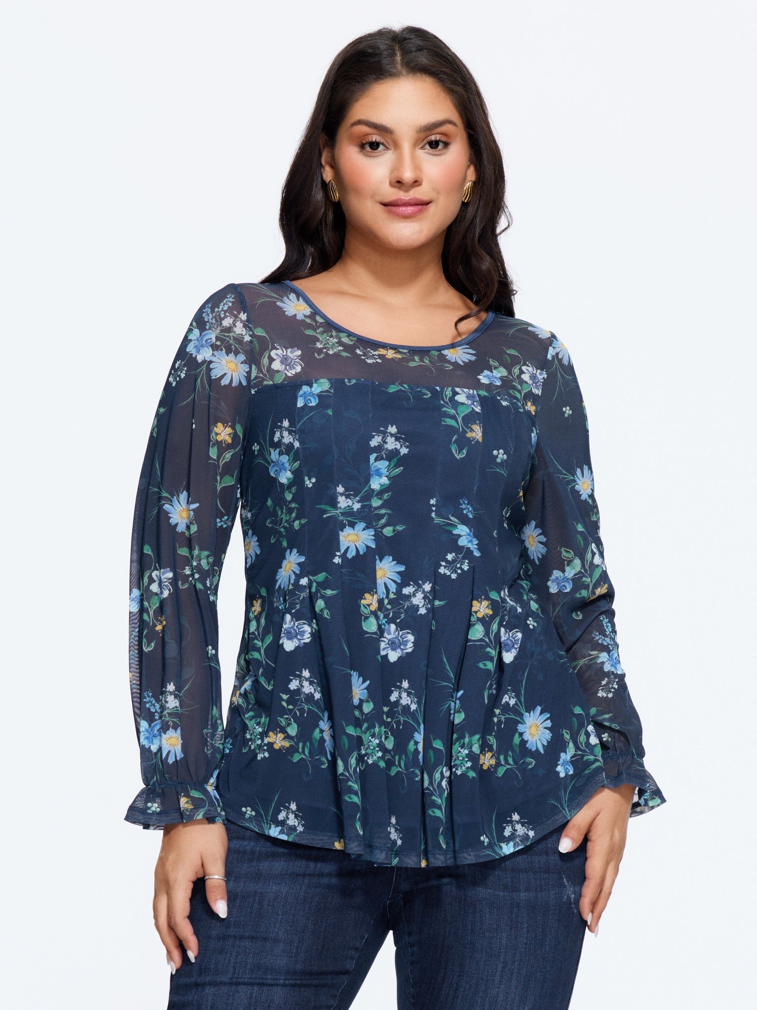 Floral Print Sheer Mesh Pleated Front Chiffon Blouse