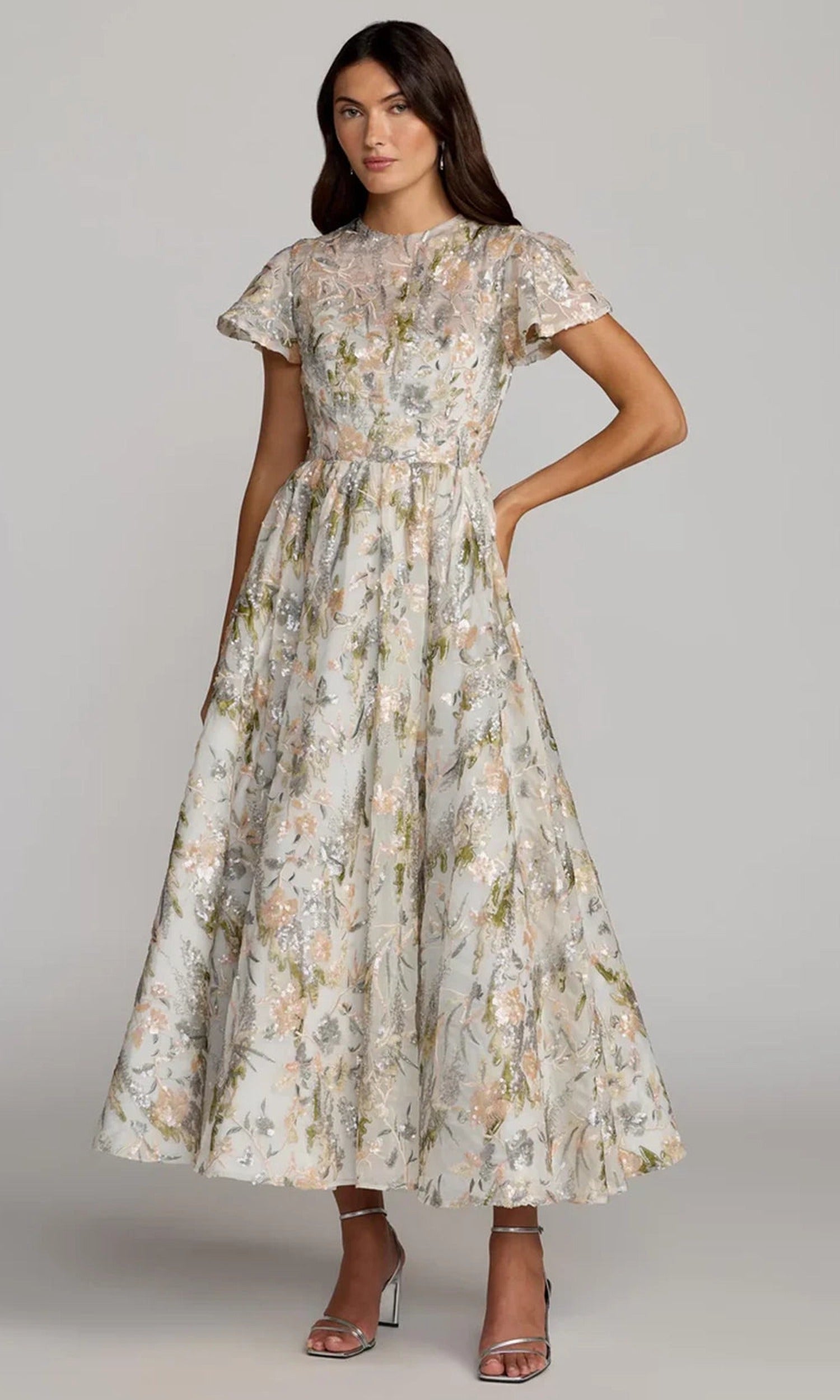 Mac Duggal 69107 - Floral Embroidered Flutter Sleeve Midi Dress