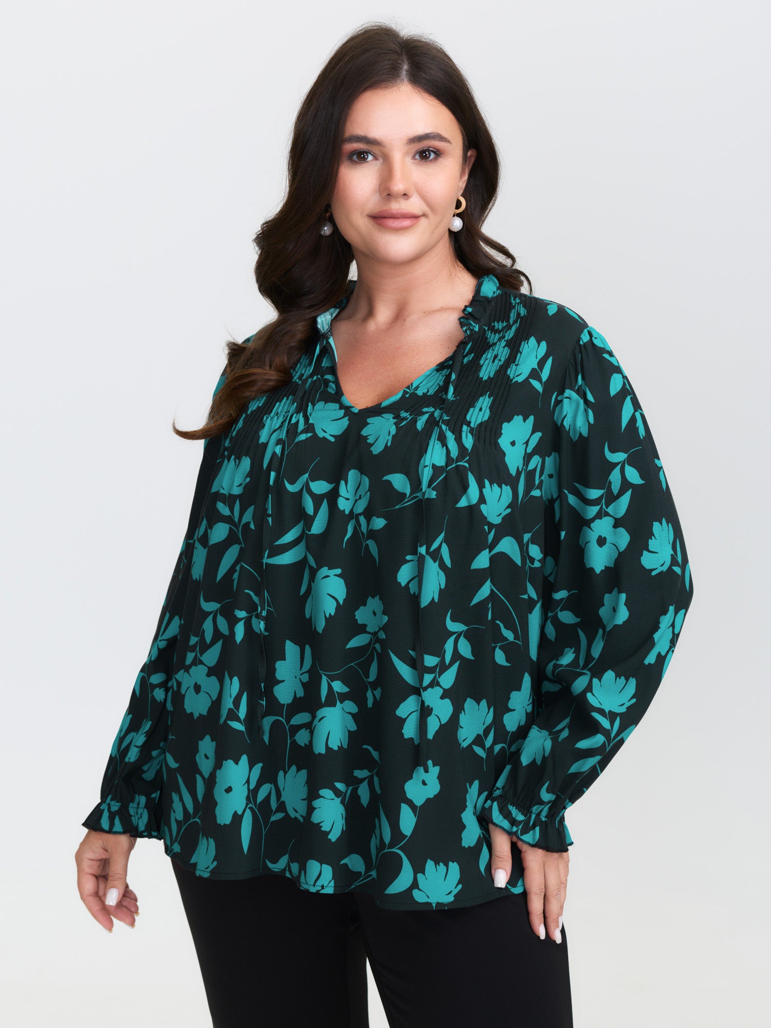 Flower Silhouette Neck-Tie Blouse
