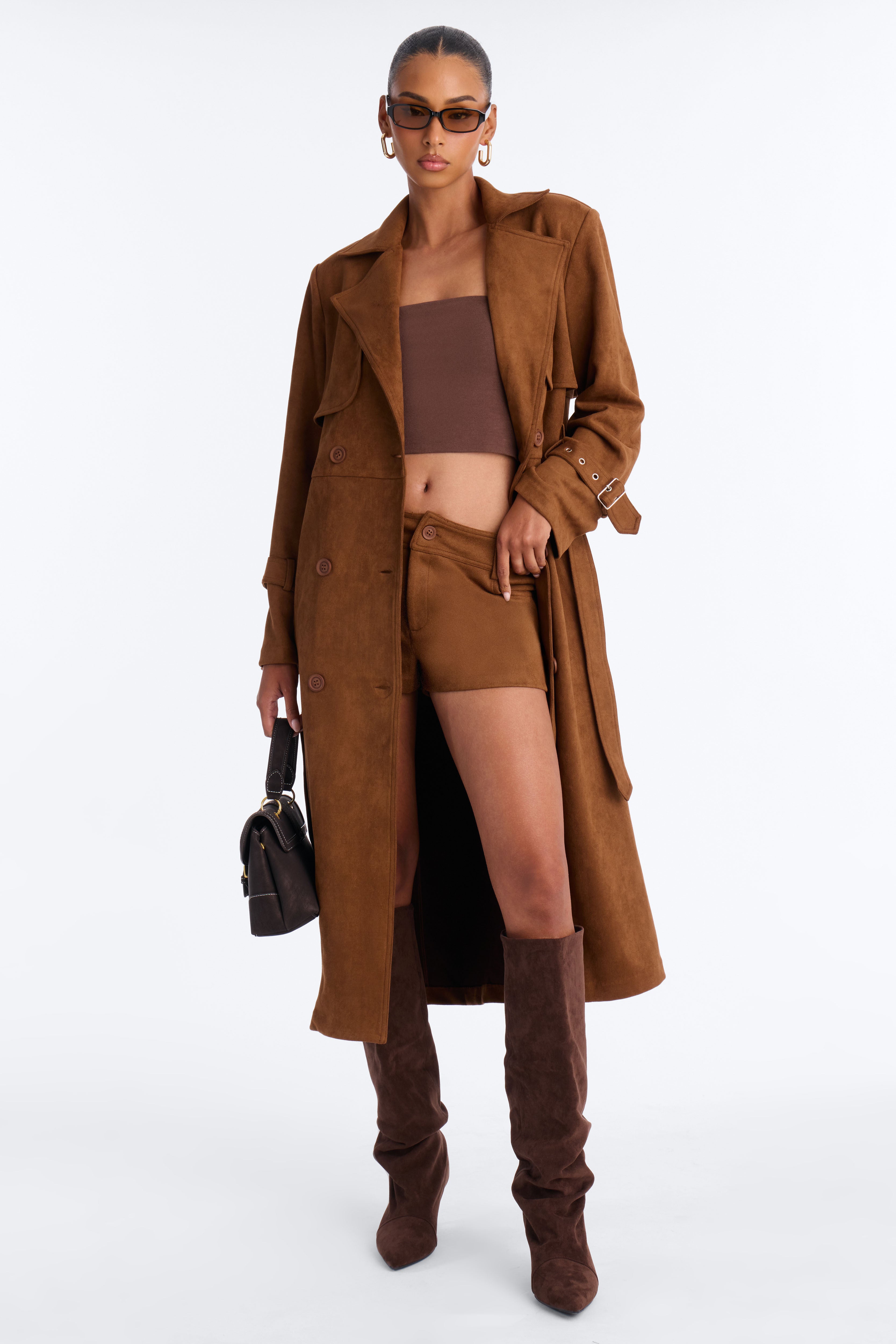 Caroline Faux Suede Trench Short Set - Cognac