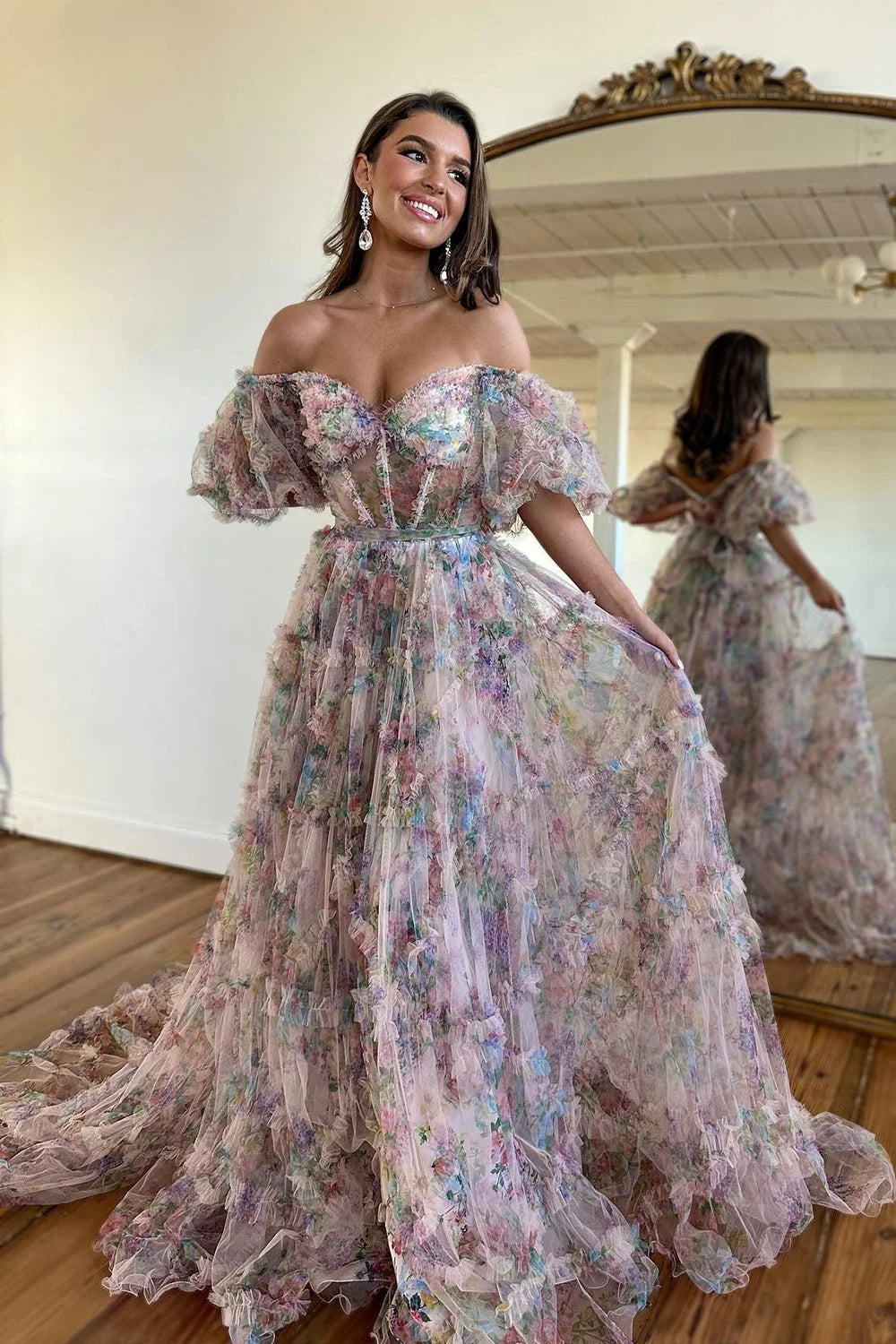 Elegant Off-the-Shoulder Pink Floral Corset Prom Dress with A-Line Silhouette and Sweep Train