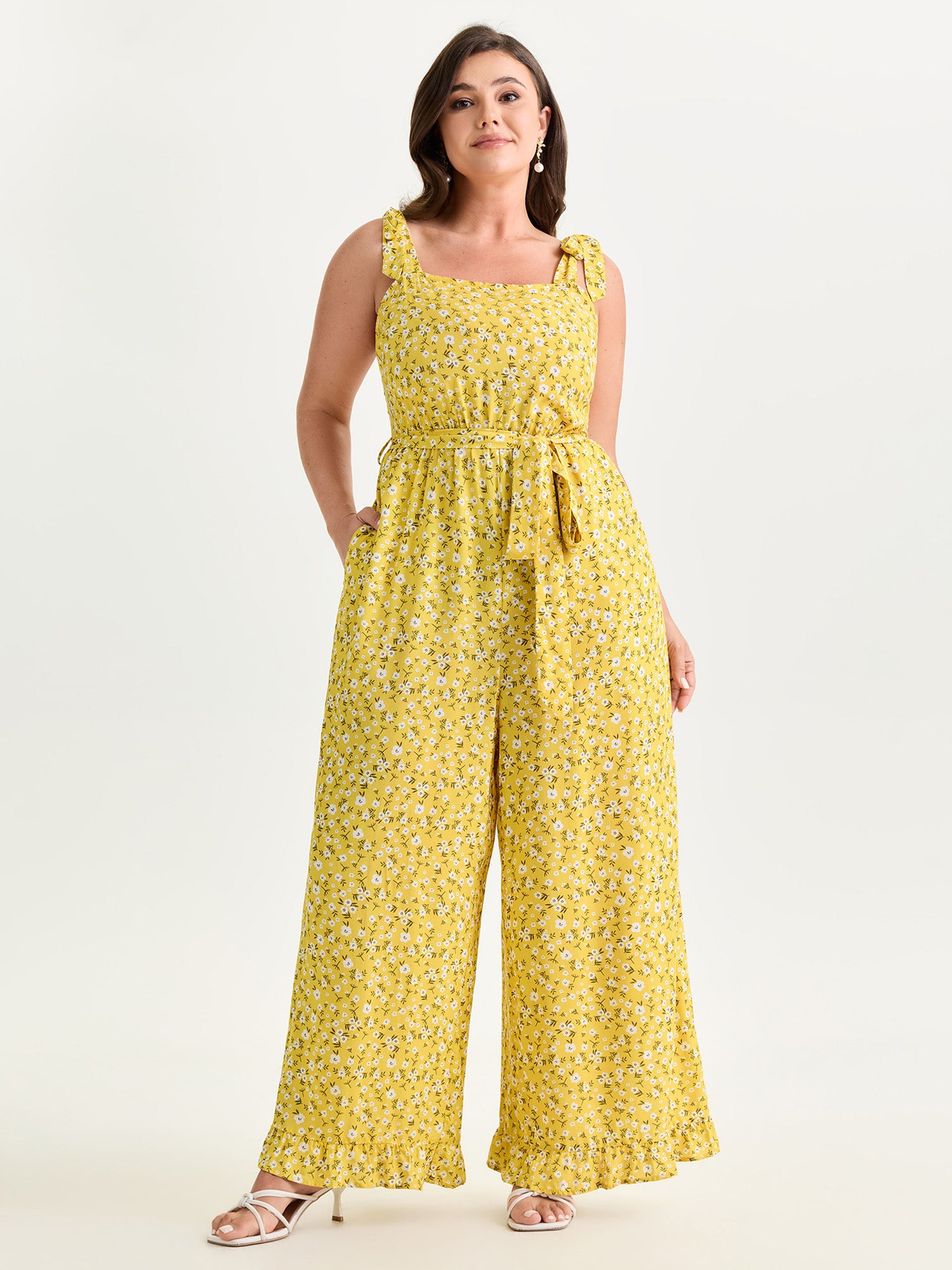 Floral Print Shoulder-Tie Ruffled Hem Jumpsuit