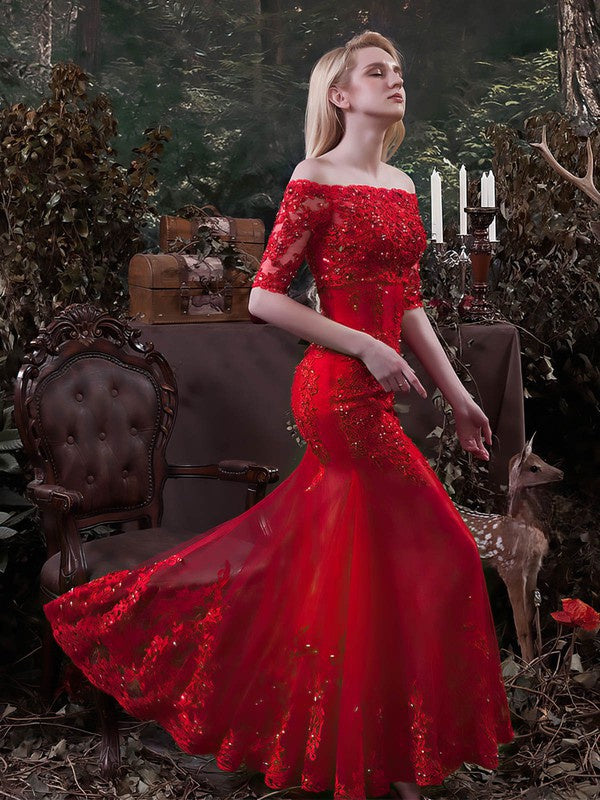 Elegant Trumpet Off-The-Shoulder Half Sleeves Lace Wedding Dresses with Beads