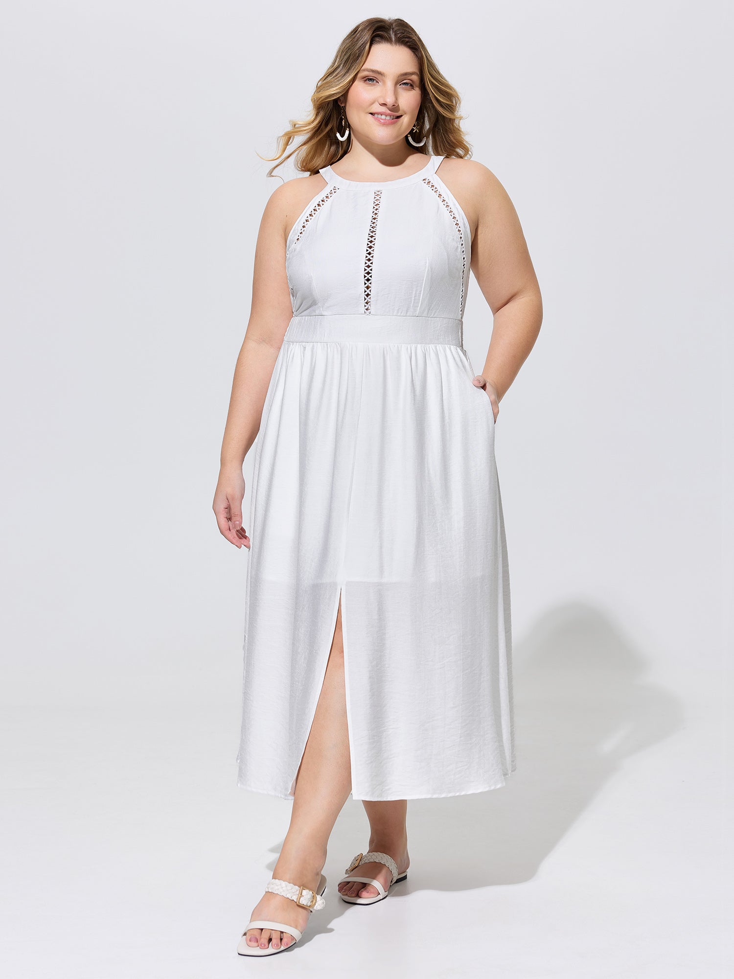 Lace Shirred Waist Halter Neckline Midi Dress