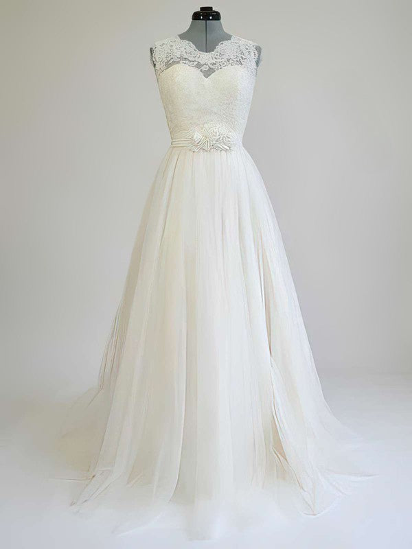 Elegant Ball Gown Sleeveless Tulle Sweep Train Wedding Dresses with Sash