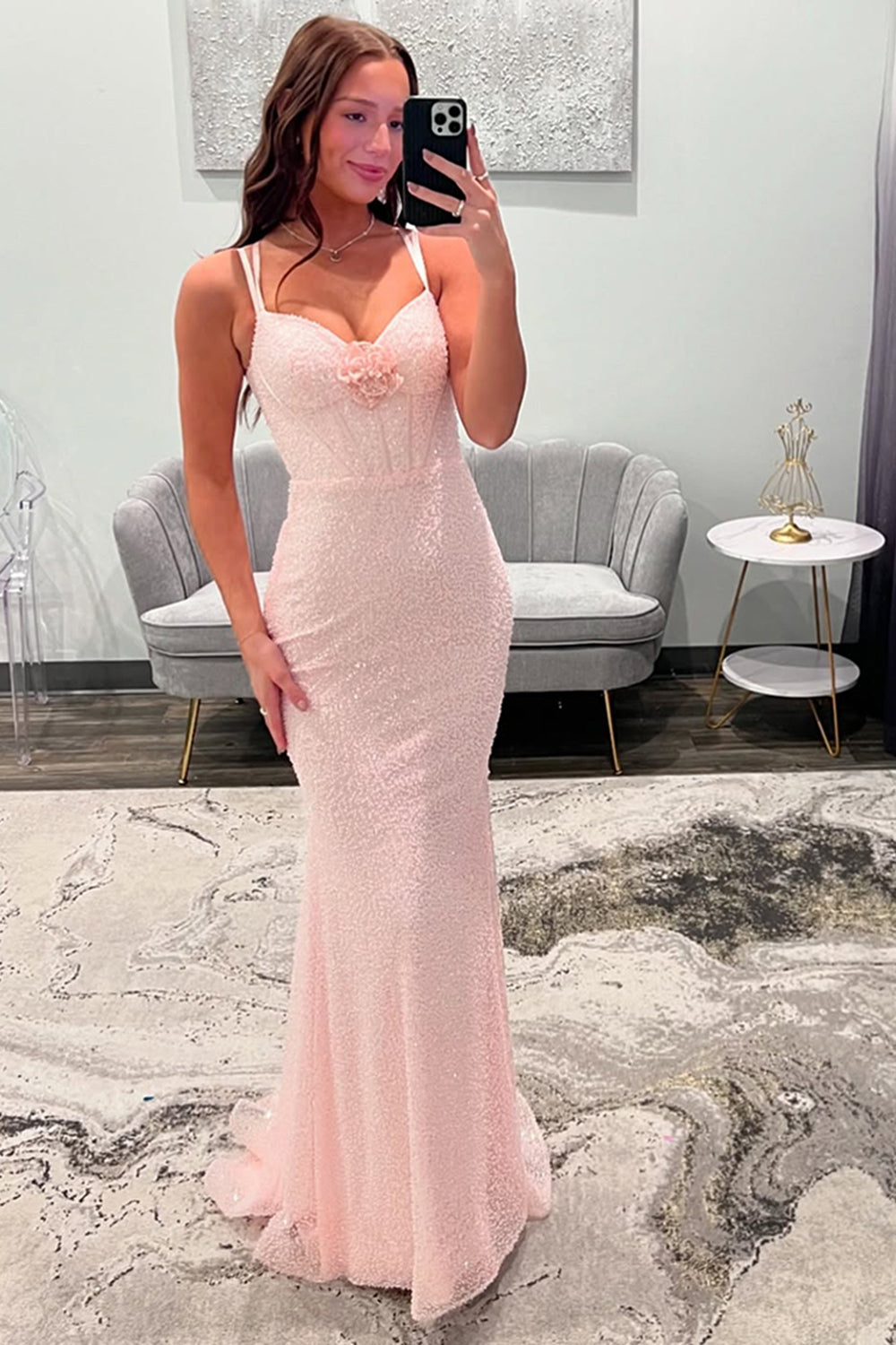 Long Mermaid Prom Dress with Light Pink Spaghetti Straps and Beaded Corset
