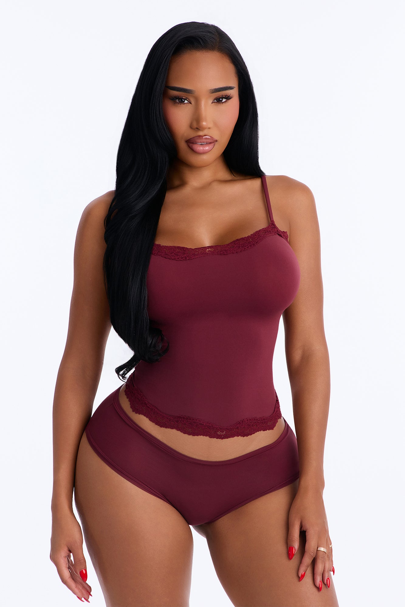 Lazy Day In Lace Trim 2 Piece Cami Bikini Set - Wine