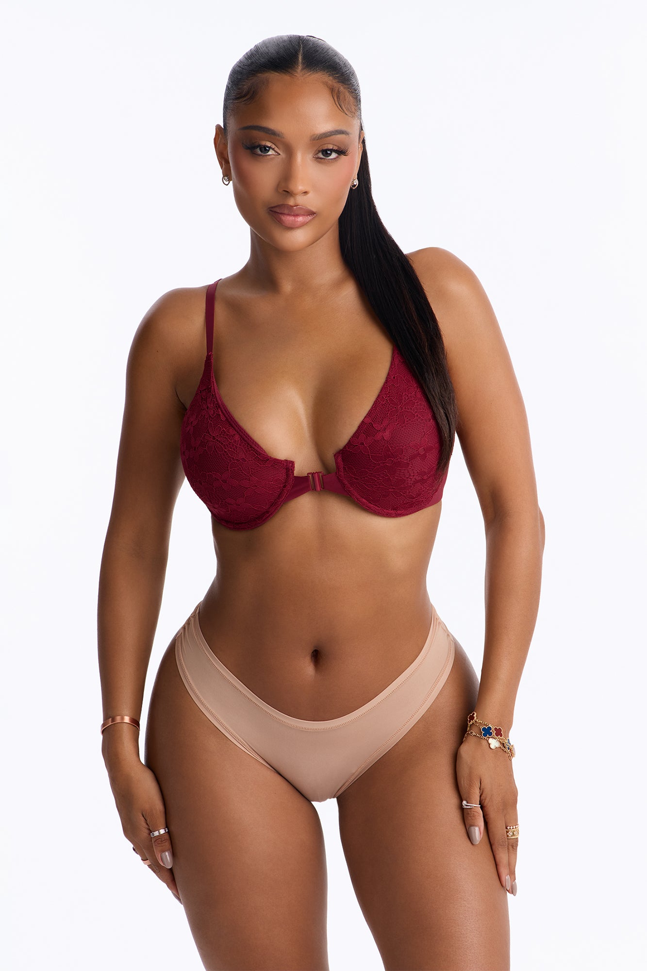 Lace Overlay Front Closure Unlined Comfort Underwire Bra - Wine