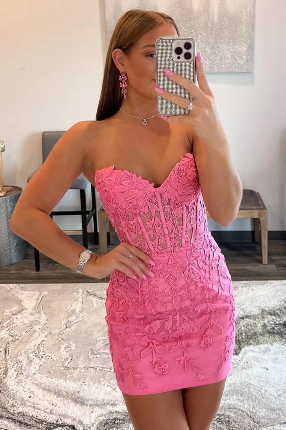 Pink Tight Short Homecoming Dress/Mini Dress with Appliques
