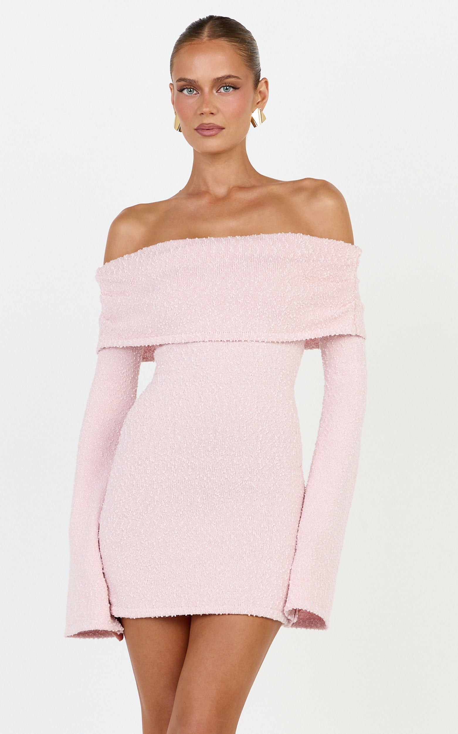 Pietra Mini Dress - Knitted Off Shoulder Dress in Pink