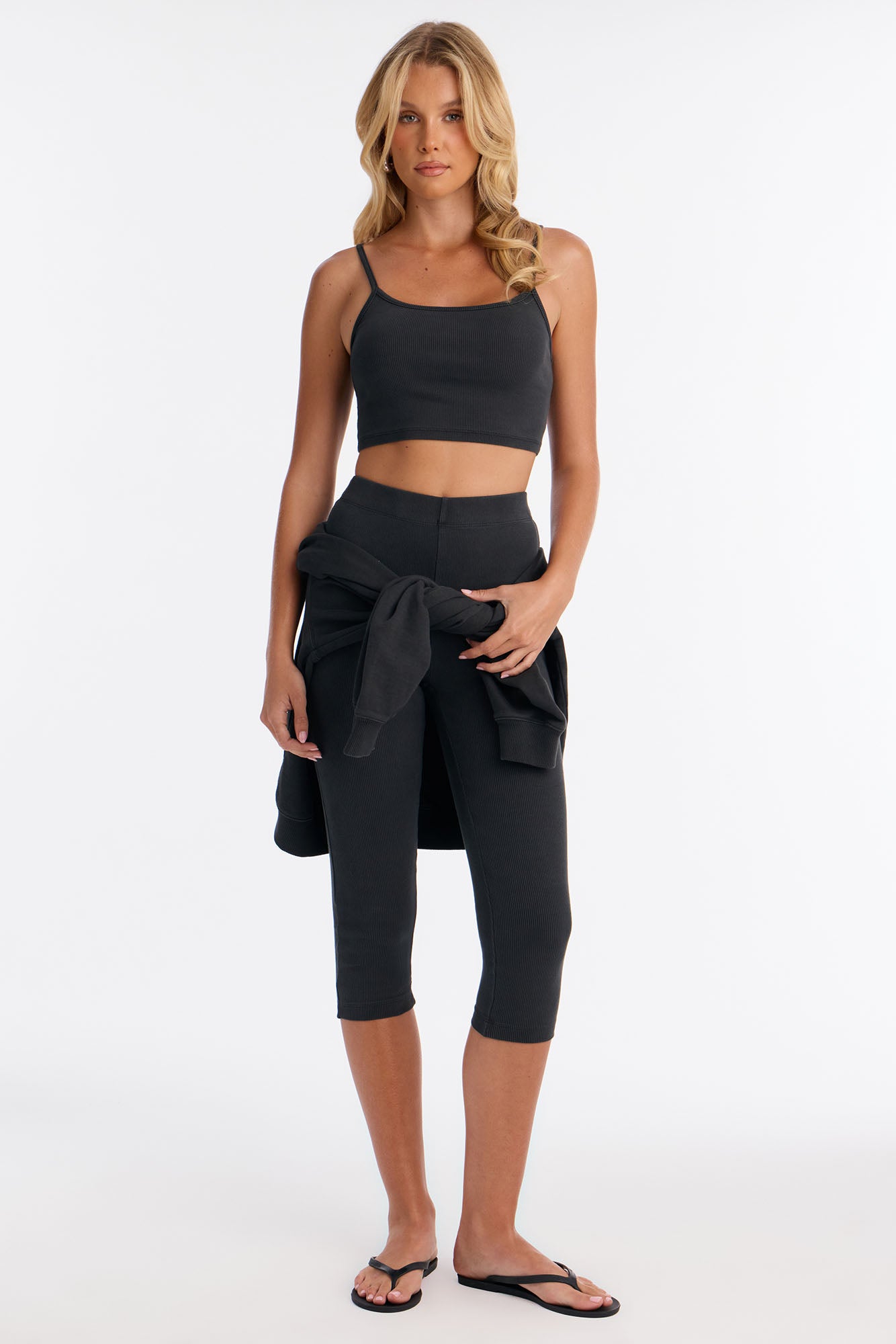 Tony Washed Ribbed Crop Top Capri Set - Washed Black