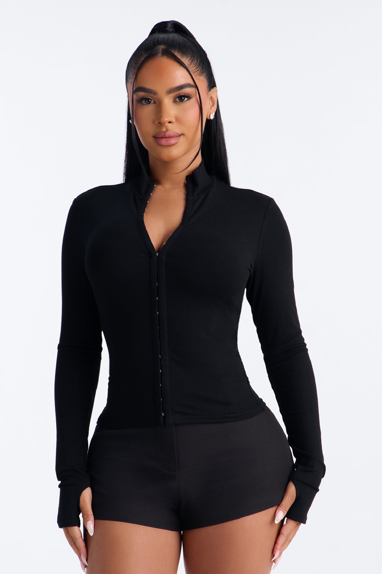 Nataly Hook And Eye Mock Neck Long Sleeve Top - Black