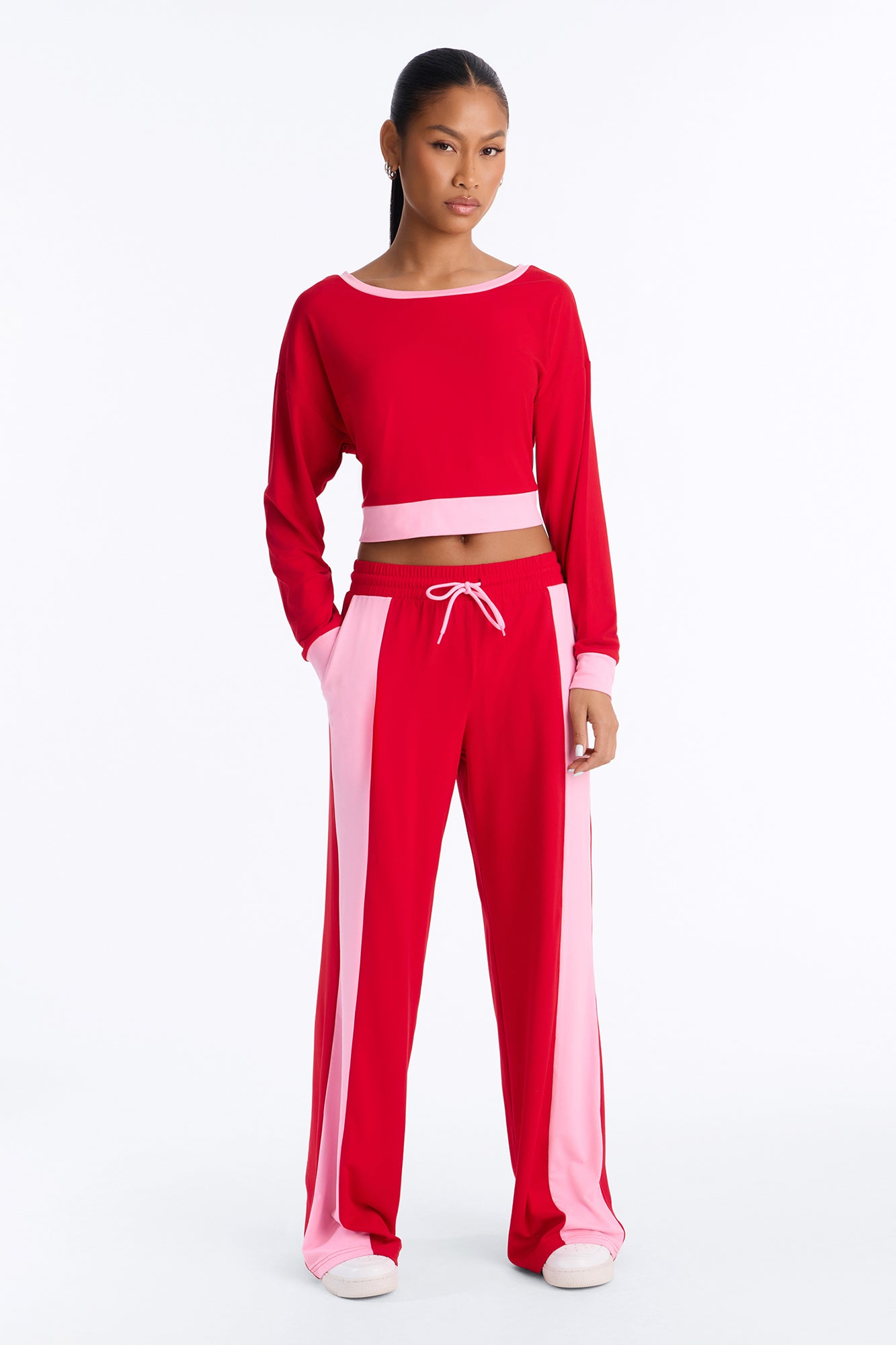 Teagan Off Shoulder Pant Set - Red/combo
