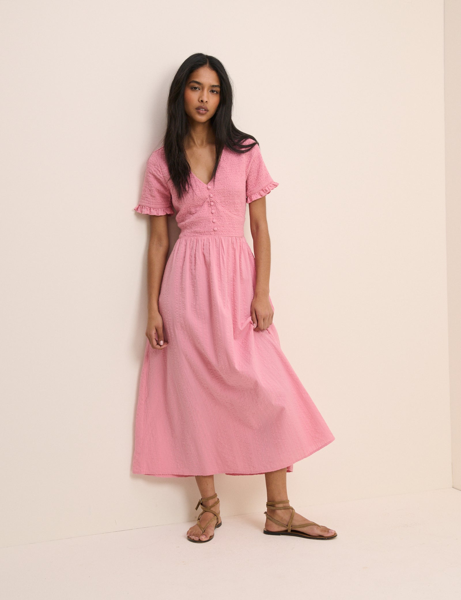 Pink Shirred V-Neck Eliza Midi Dress