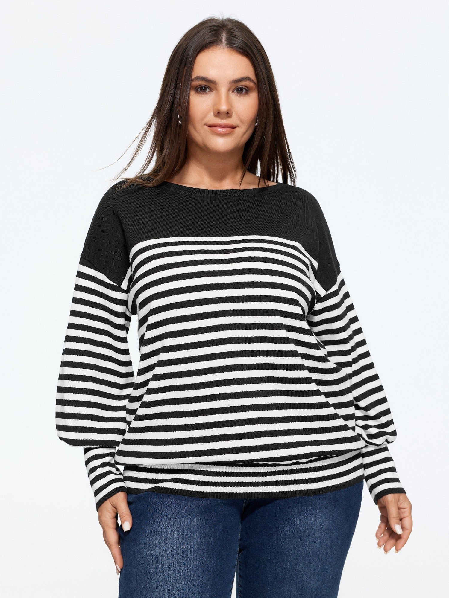 Color Block Stripe Balloon Sleeve Casual Pullover