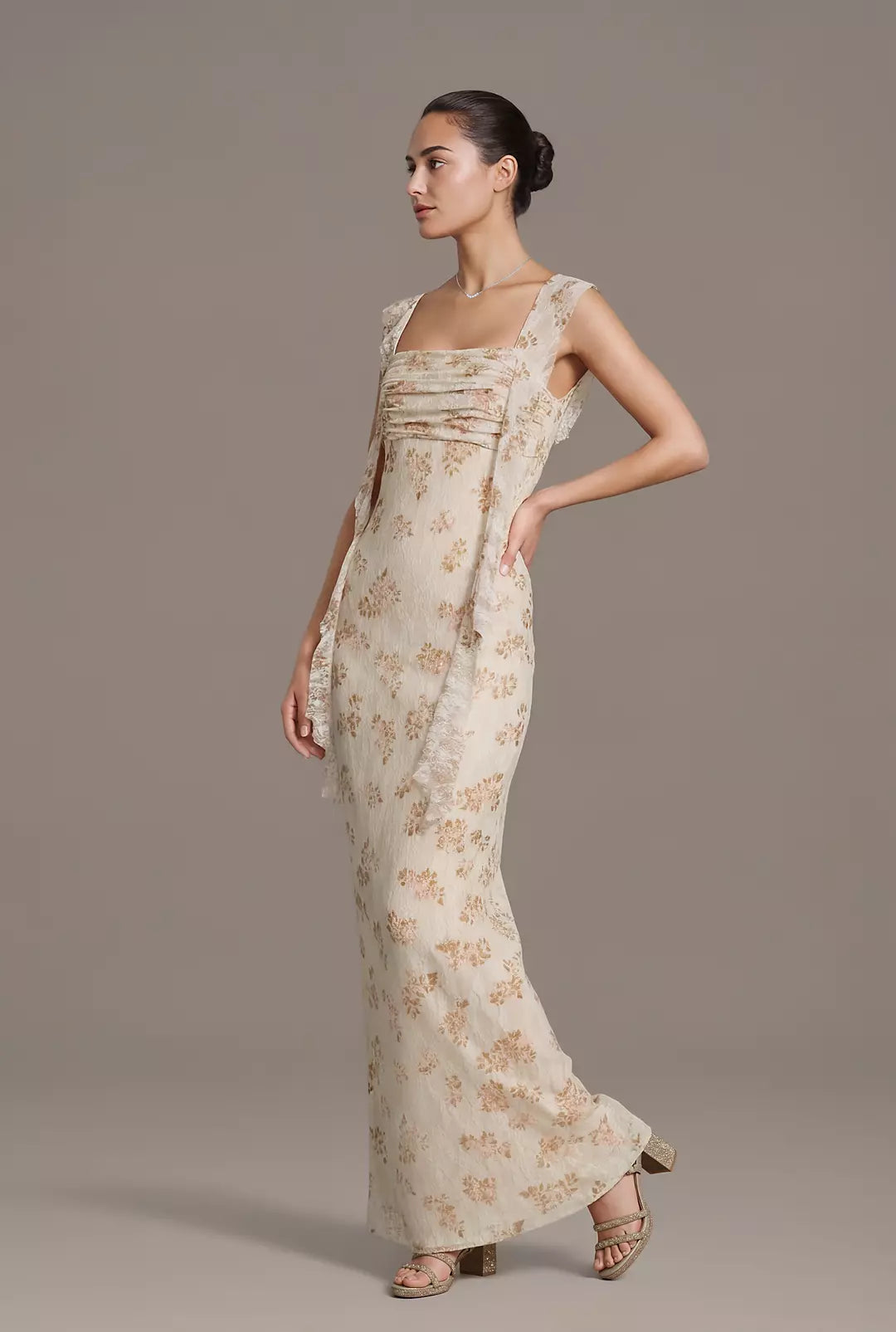 Floral Print Lace Ruffle Sheath Dress