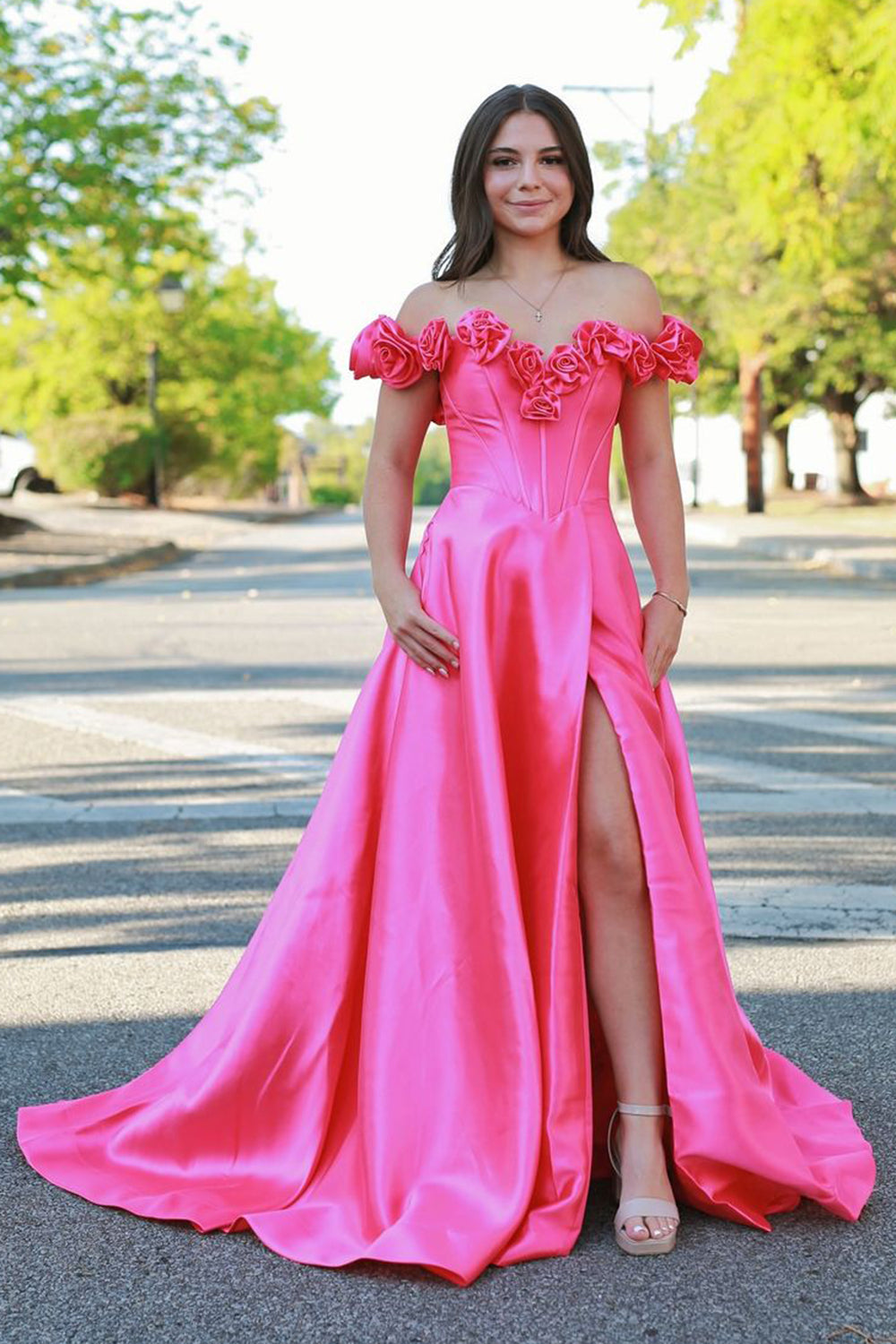 Long Satin Corset Prom Dress with 3D Flowers in Pink Off-the-Shoulder A-Line Style