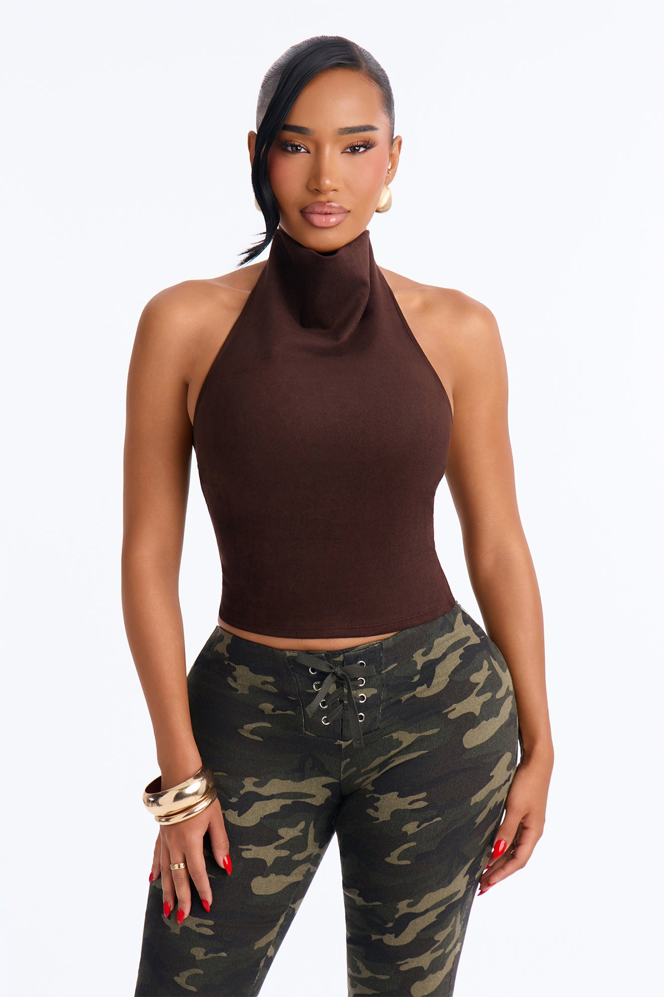 Dakota Faux Suede Cowl Halter Top - Chocolate