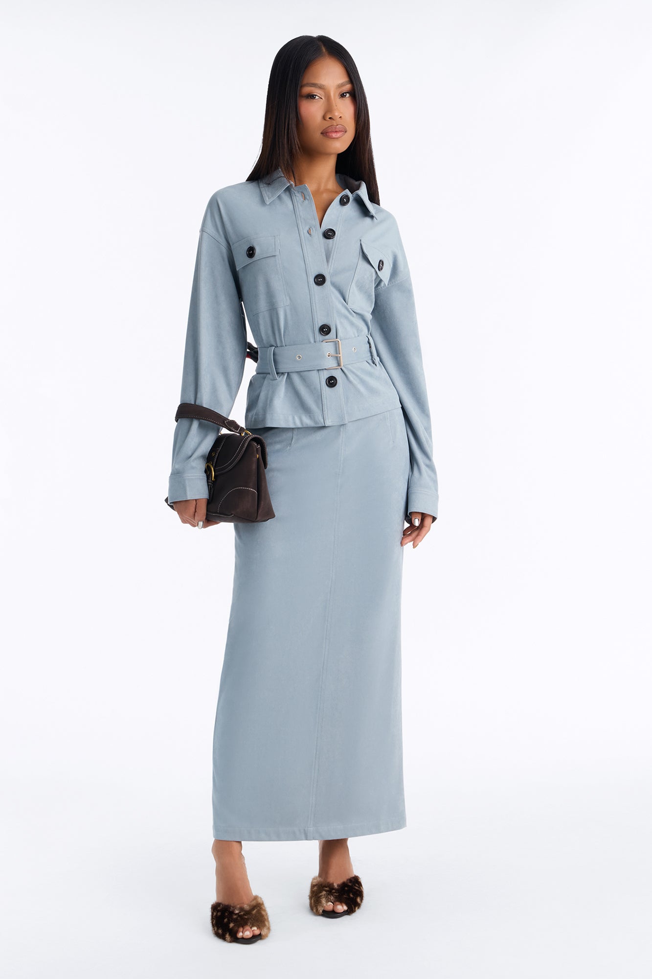Falling For You Faux Suede Skirt Set - Dusty Blue