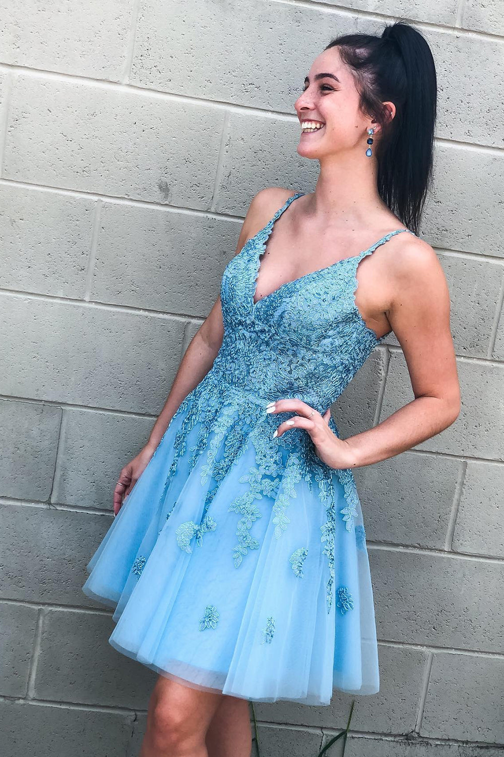 Cute A Line V Neck Light Blue Short Homecoming Dress/Mini Dress with Appliques