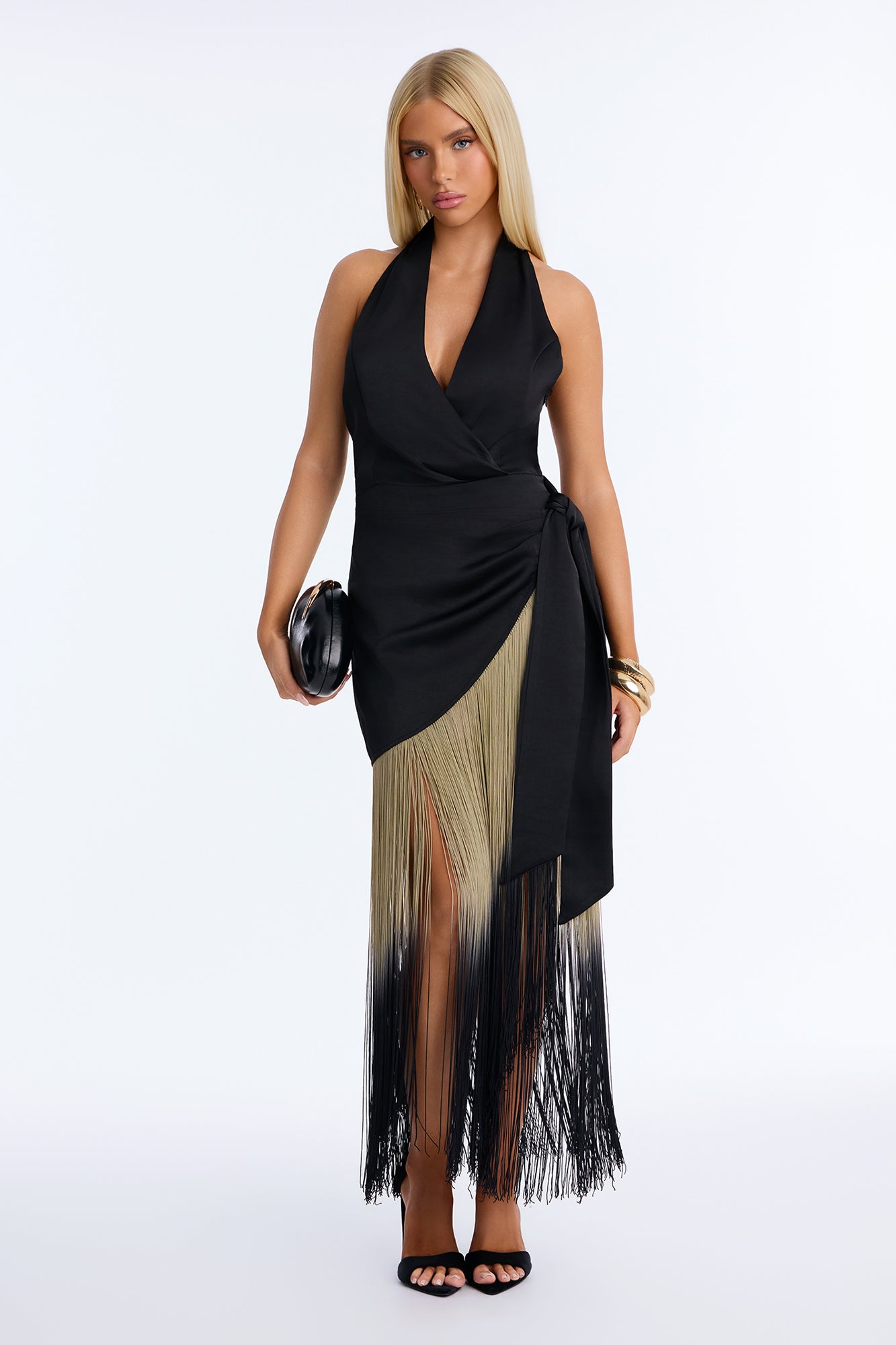 Dancing Hearts Fringe Satin Midi Dress - Black