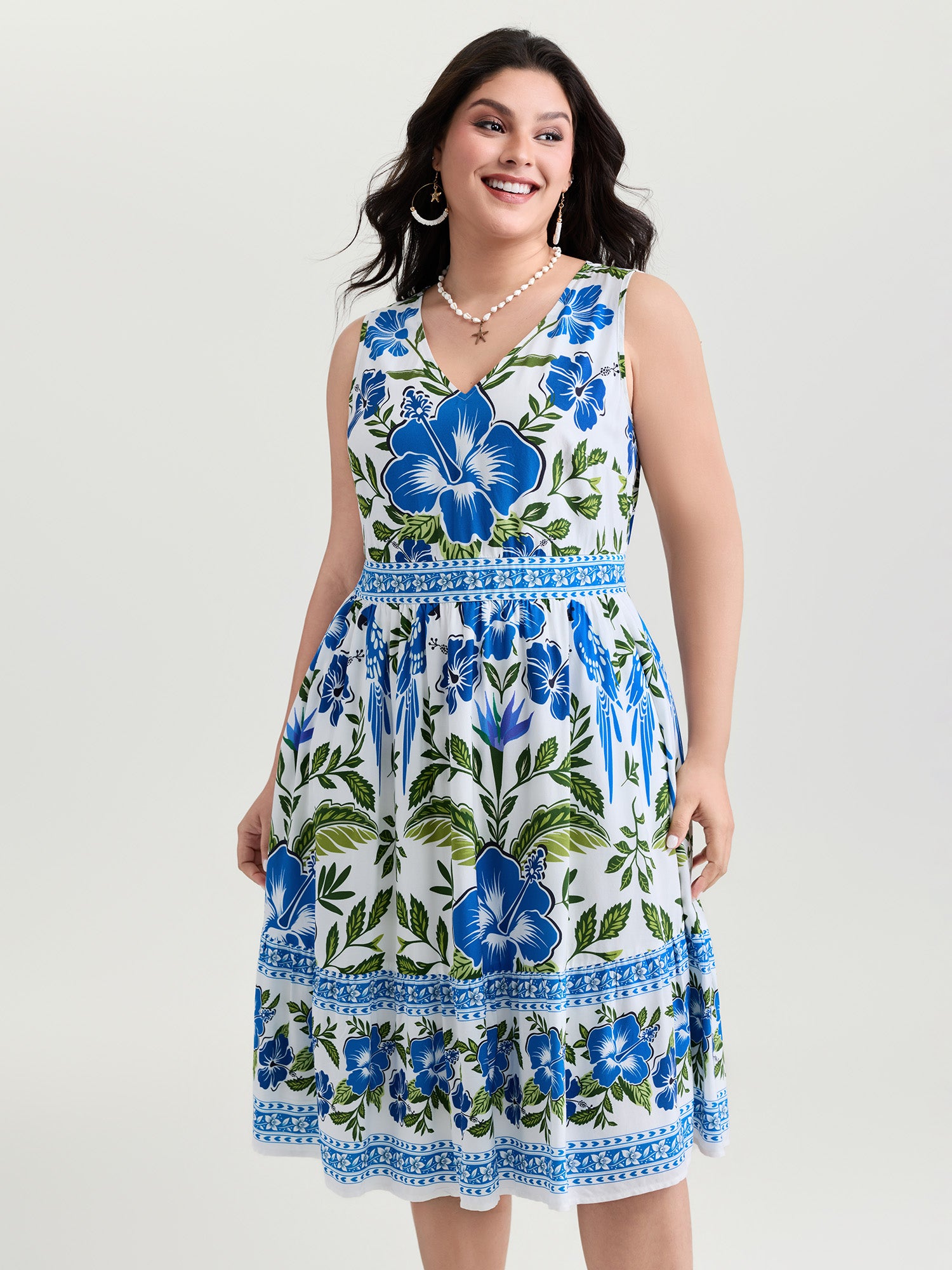 Large Floral Print Pockets Rayon Midi Dress