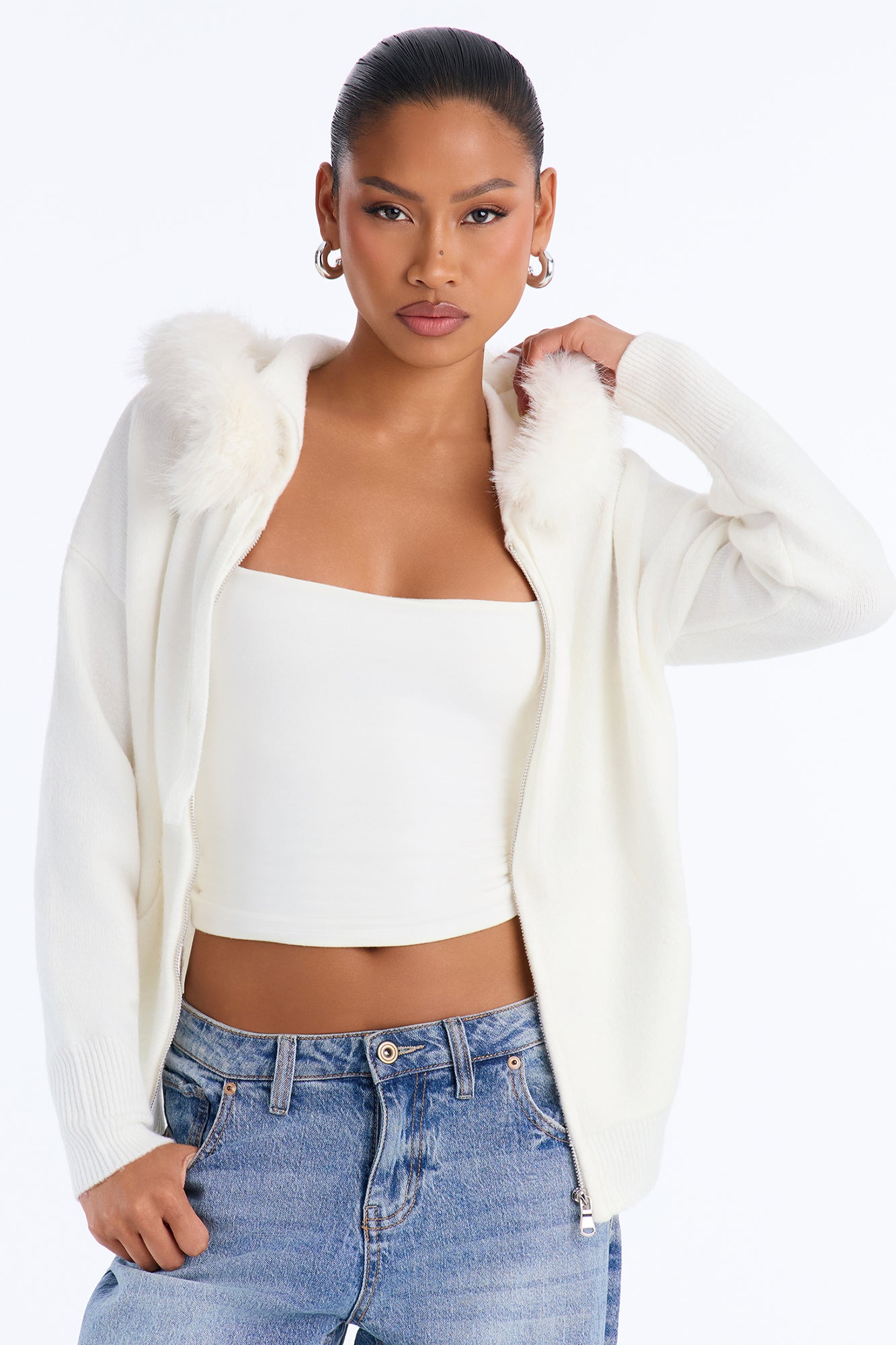 Veronica Faux Fur Hooded Sweater - Ivory
