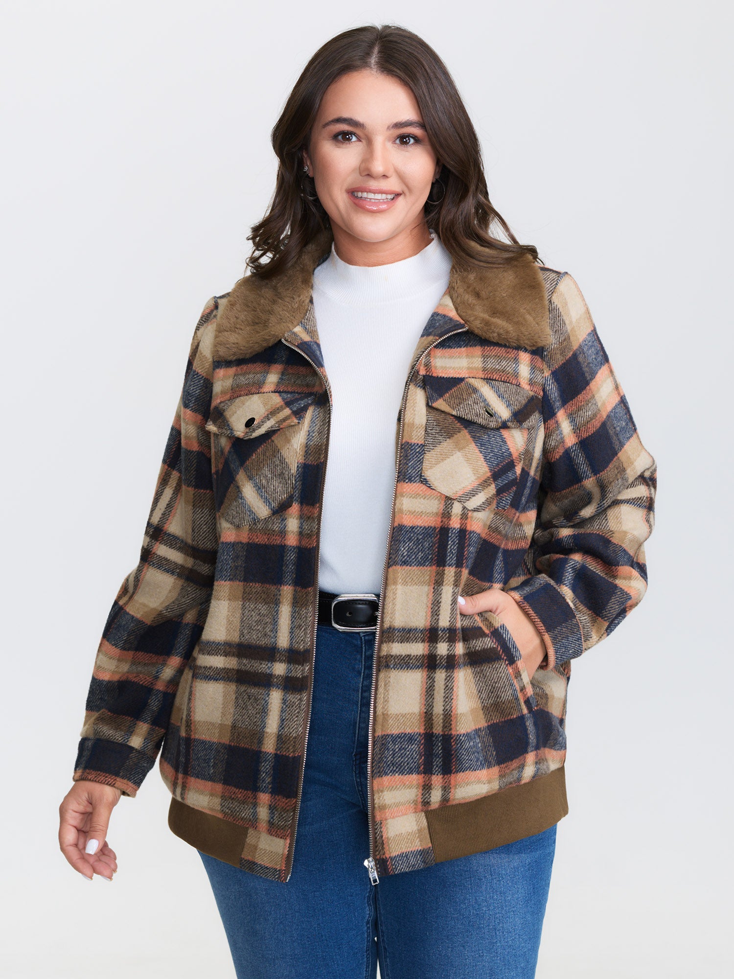 Plaid Pattern Fuzzy Collar Zipper Coat