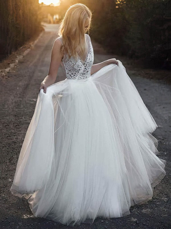 Stunning V-Neck Sleeveless Tulle A-Line Floor-Length Wedding Dresses