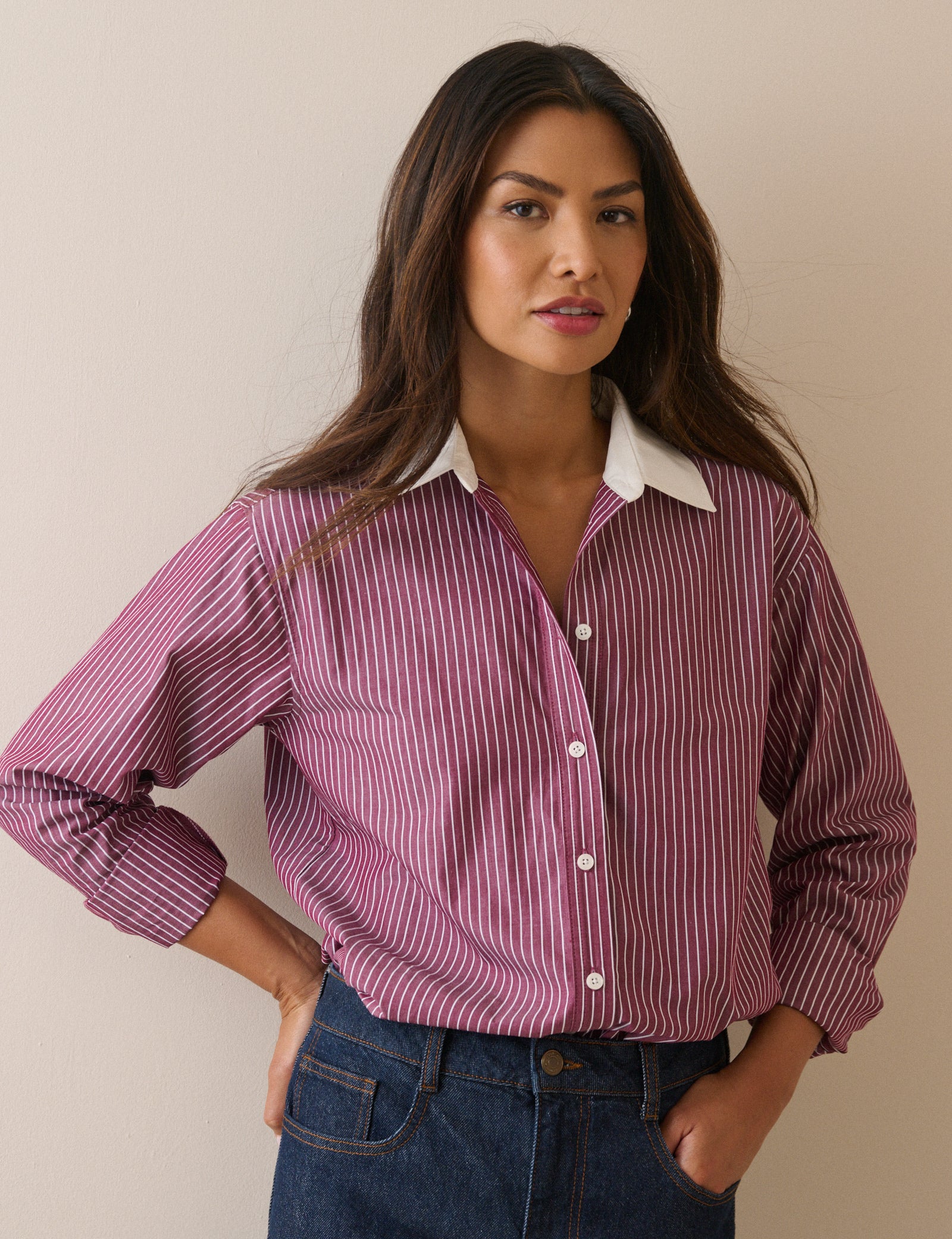 Burgundy Pinstripe Contrast Collar Shirt