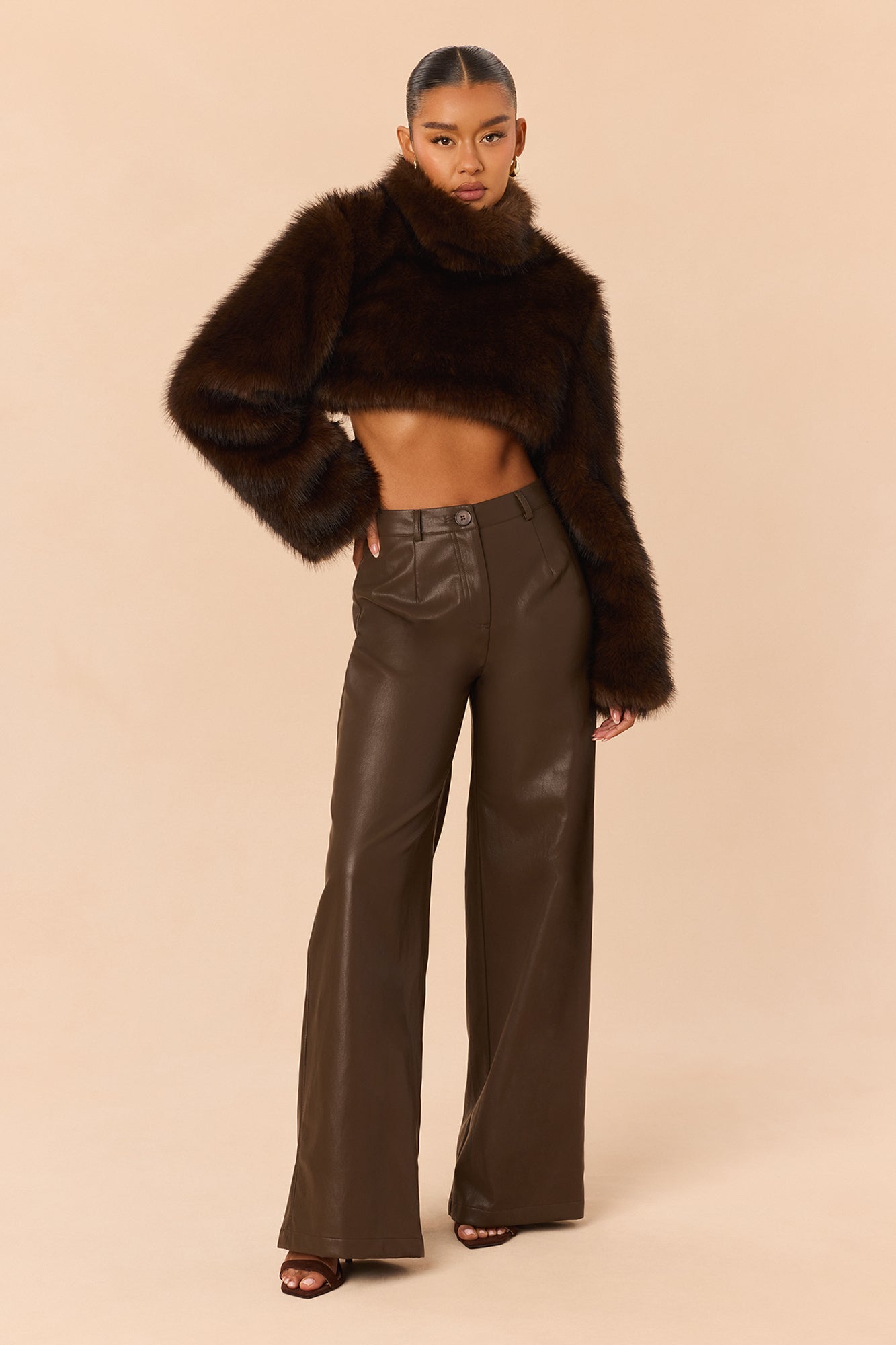 Double Take Faux Fur Pant Set - Brown
