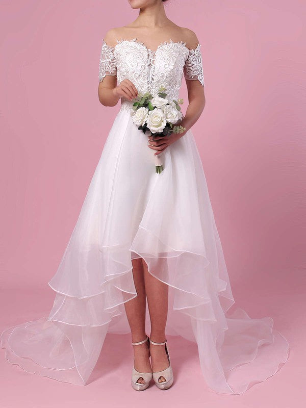 Stylish A-Line Off-The-Shoulder Sweetheart Organza Lace Asymmetrical Wedding Dresses