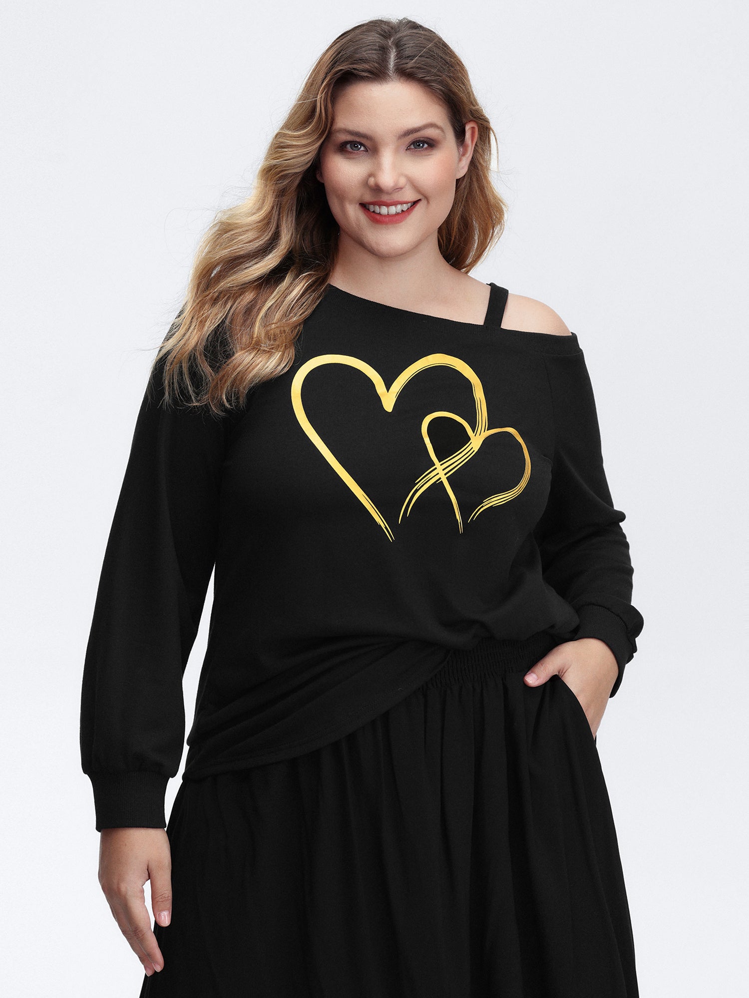 Heart Print Off-Shoulder Sweatshirt