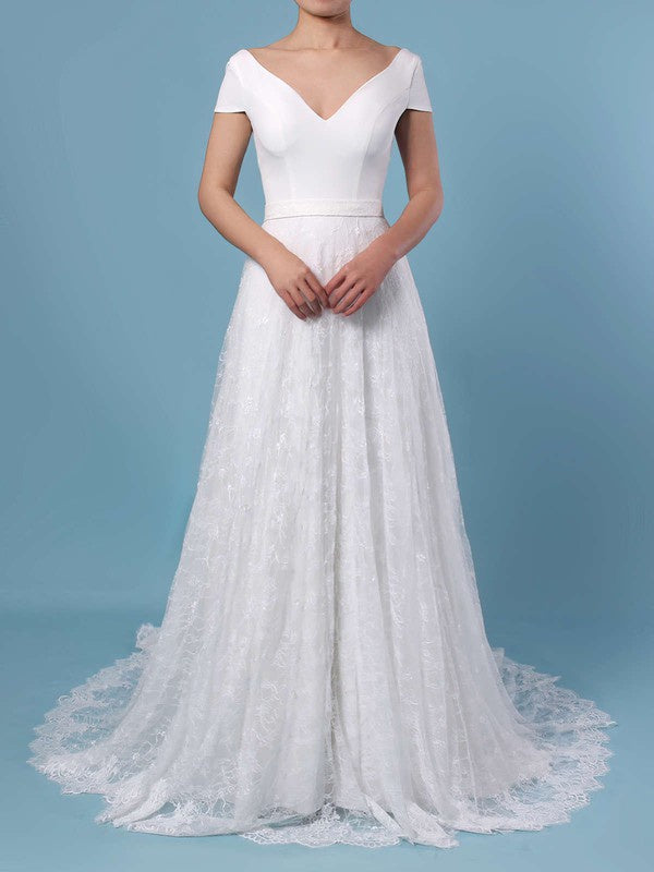 Sexy A-Line V-Neck Short Sleeves Lace Satin Wedding Dresses with Ribbon