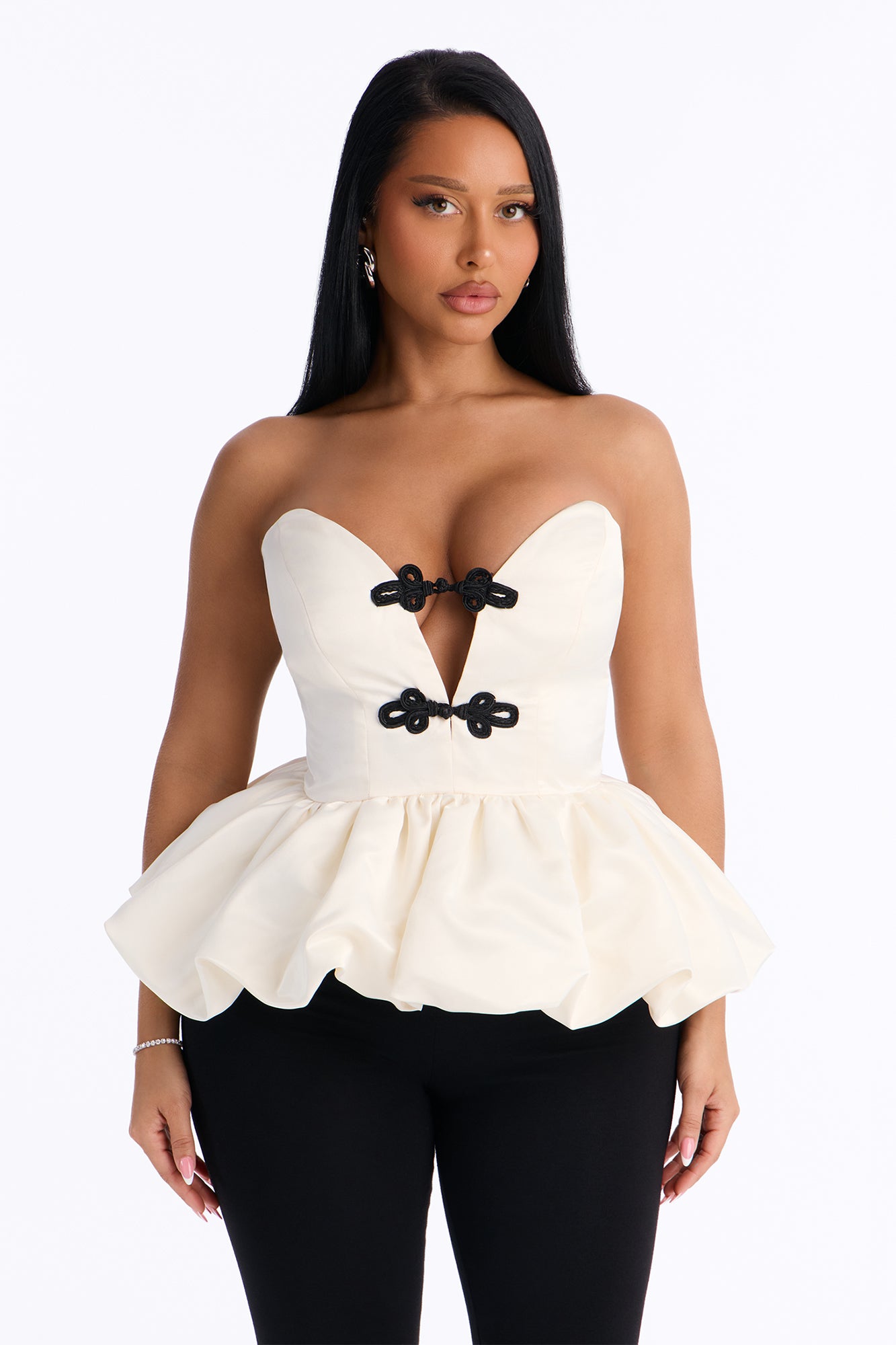 Sweet Affection Knot Trim Peplum Top - Cream/combo