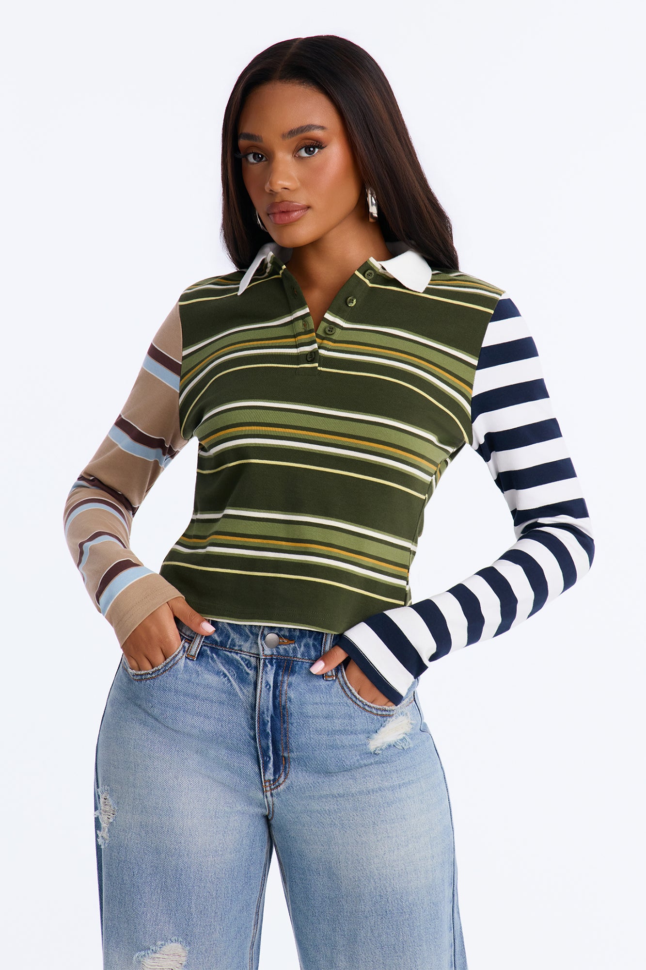 Lona Striped Long Sleeve Polo Top - Olive/combo