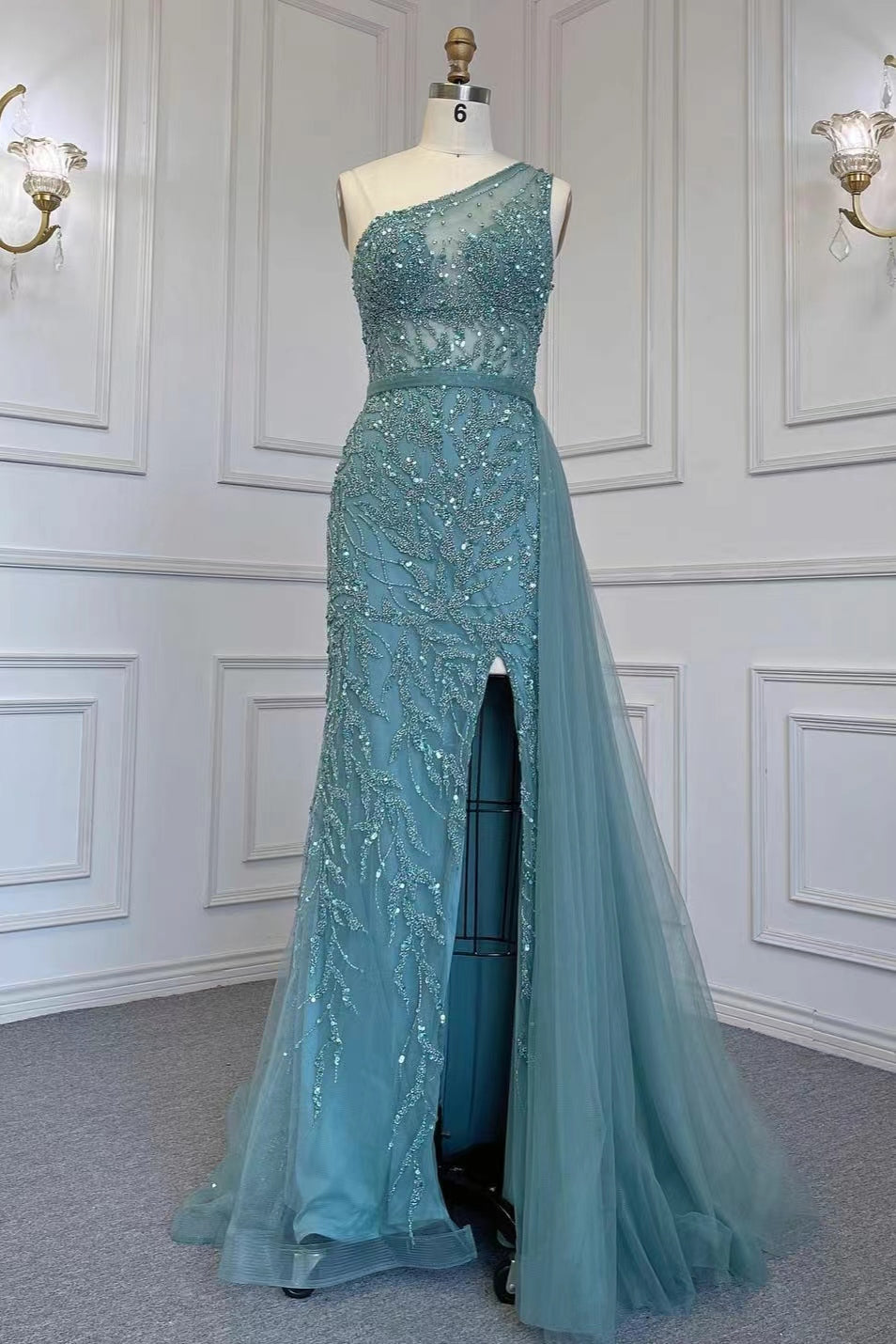 Elegant Beadings One Shoulder Tulle Evening Dress With Slit Rhinestone