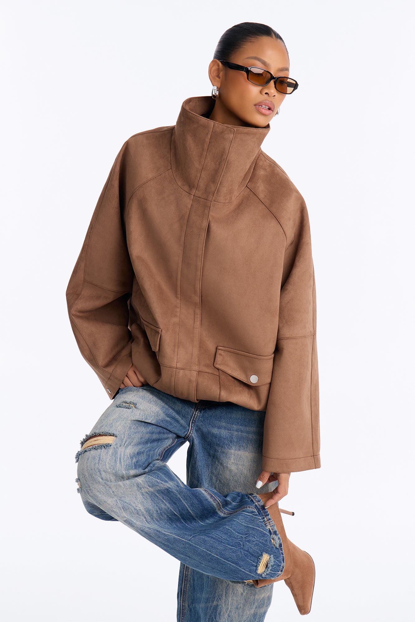 Fia Faux Suede Extra High Funnel Neck Coat - Taupe