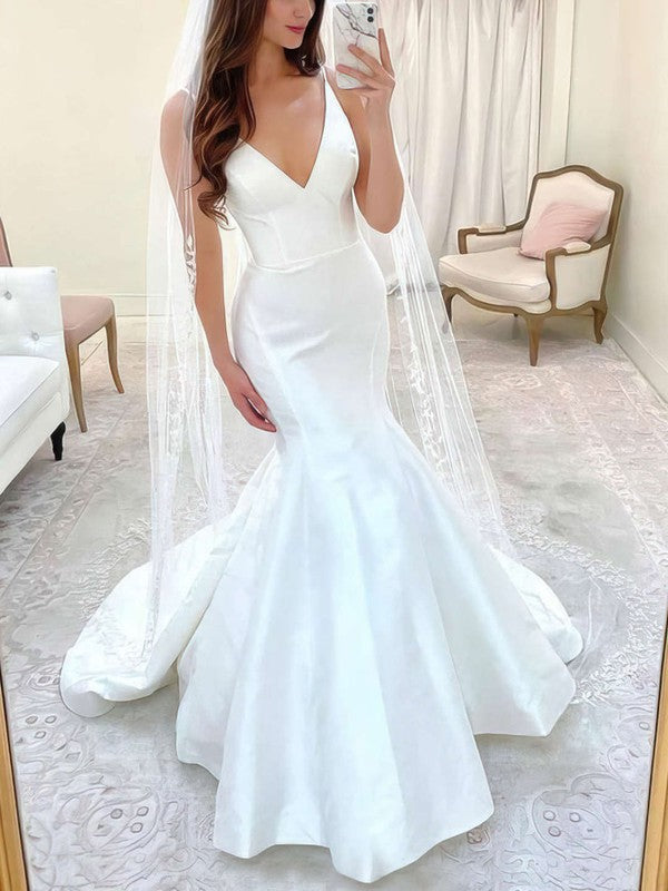 Sexy Trumpet Spaghetti Straps V-Neck Satin Wedding Dresses