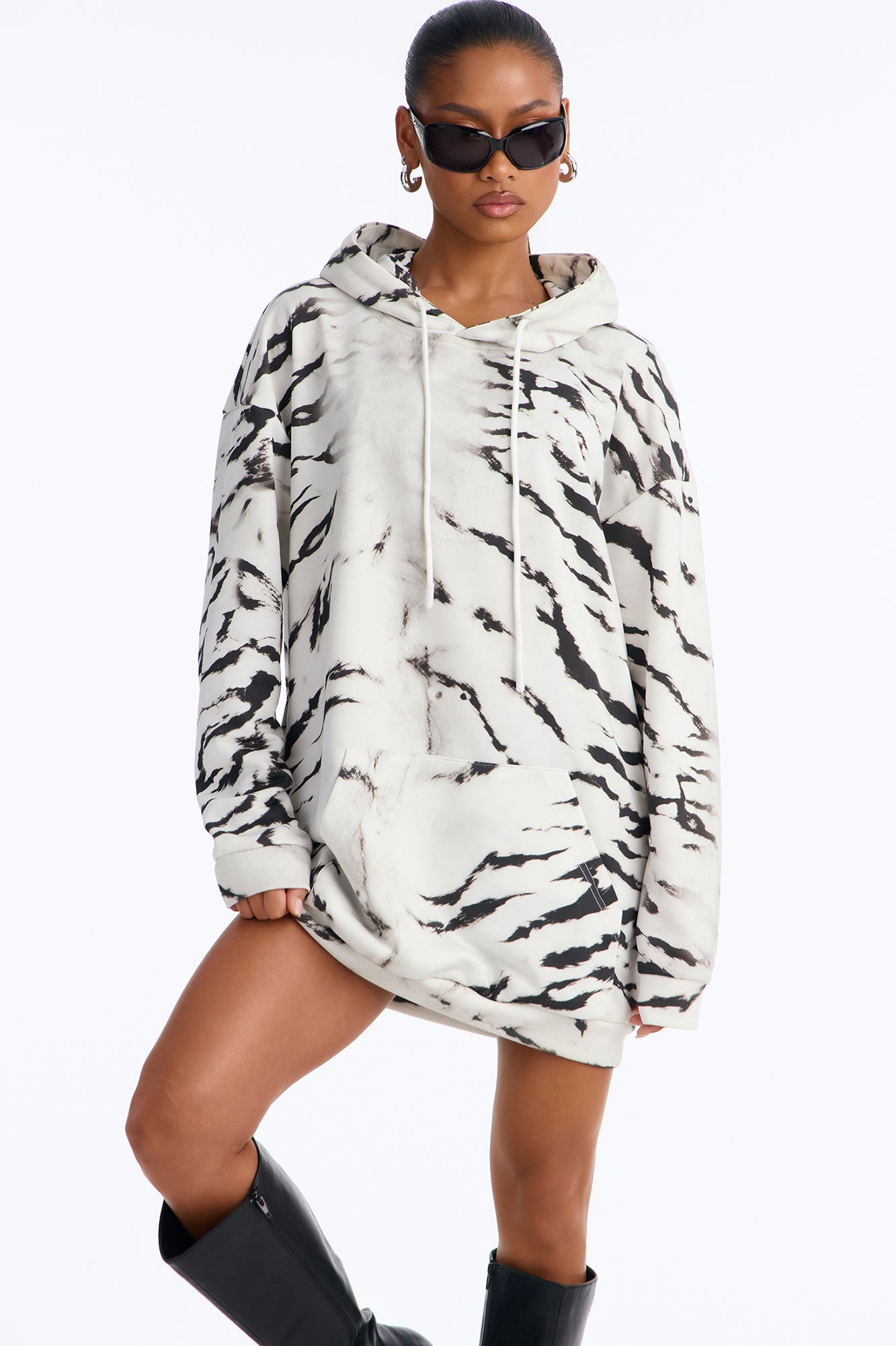 Fine Lines Animal Print Sweatshirt Mini Dress - White/Black