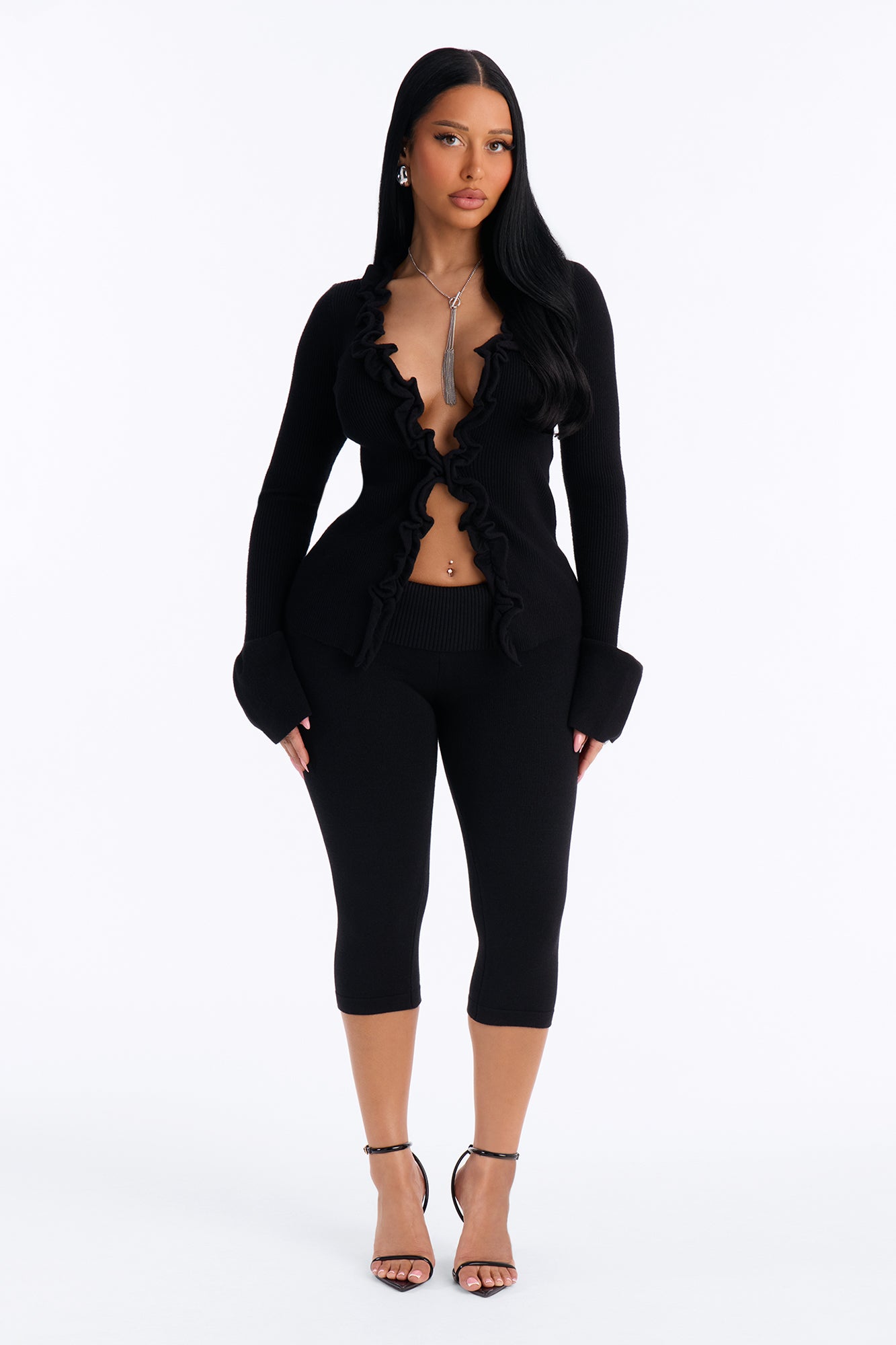 Jovi Foldover Sweater Knit Capri Pant - Black