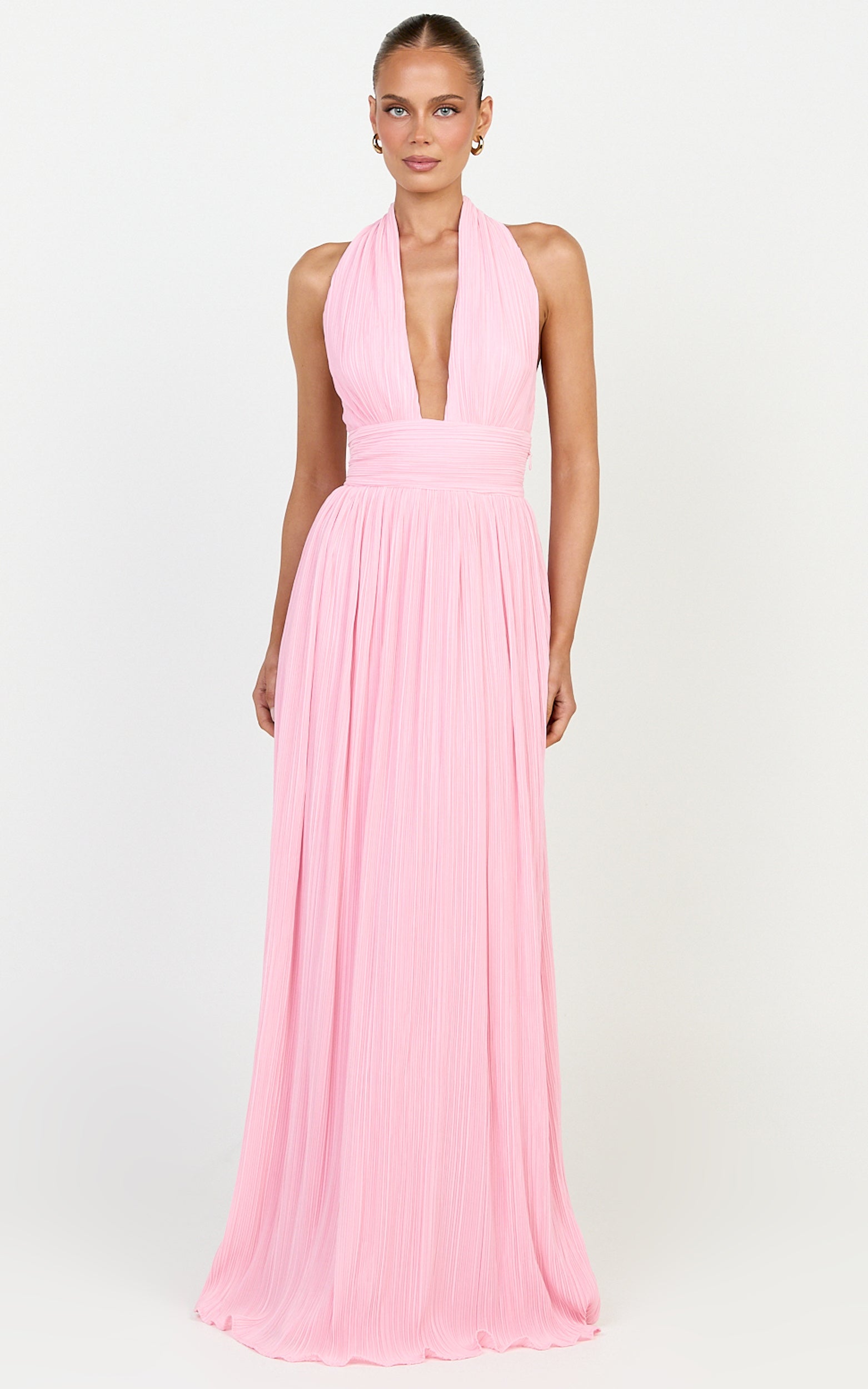 Aurelia Maxi Dress - Plisse Halter Neck Dress in Pink