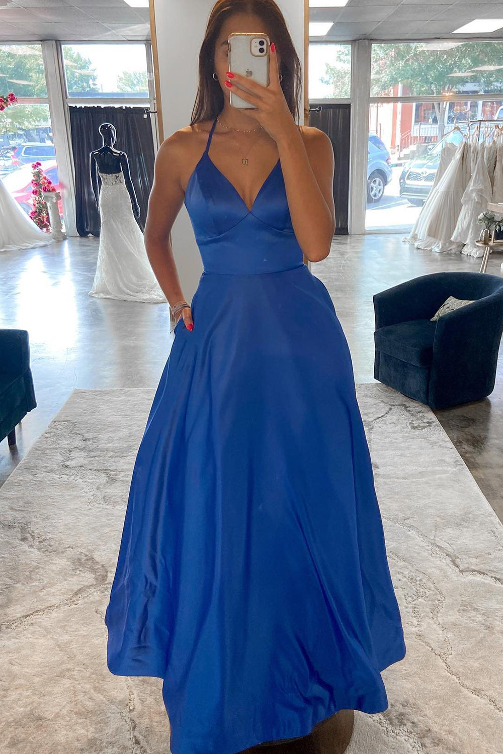 Long Blue Prom Dress with Criss Cross Back in A-Line Halter Style