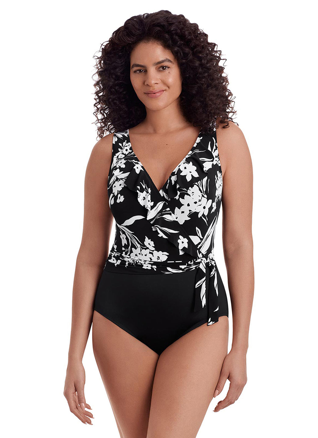 Longitude Women's Long Torso Vineyard Vacay Ruffle Front Sash One Piece Swimsuit