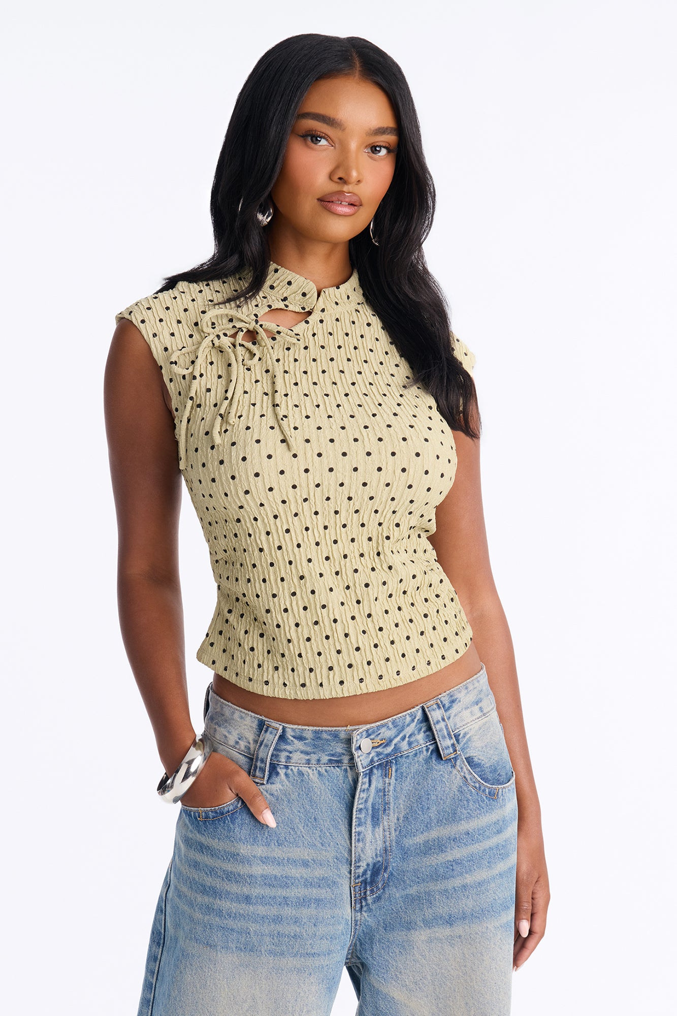Mina Textured Polka Dot Mock Neck Short Sleeve Top - Green/combo