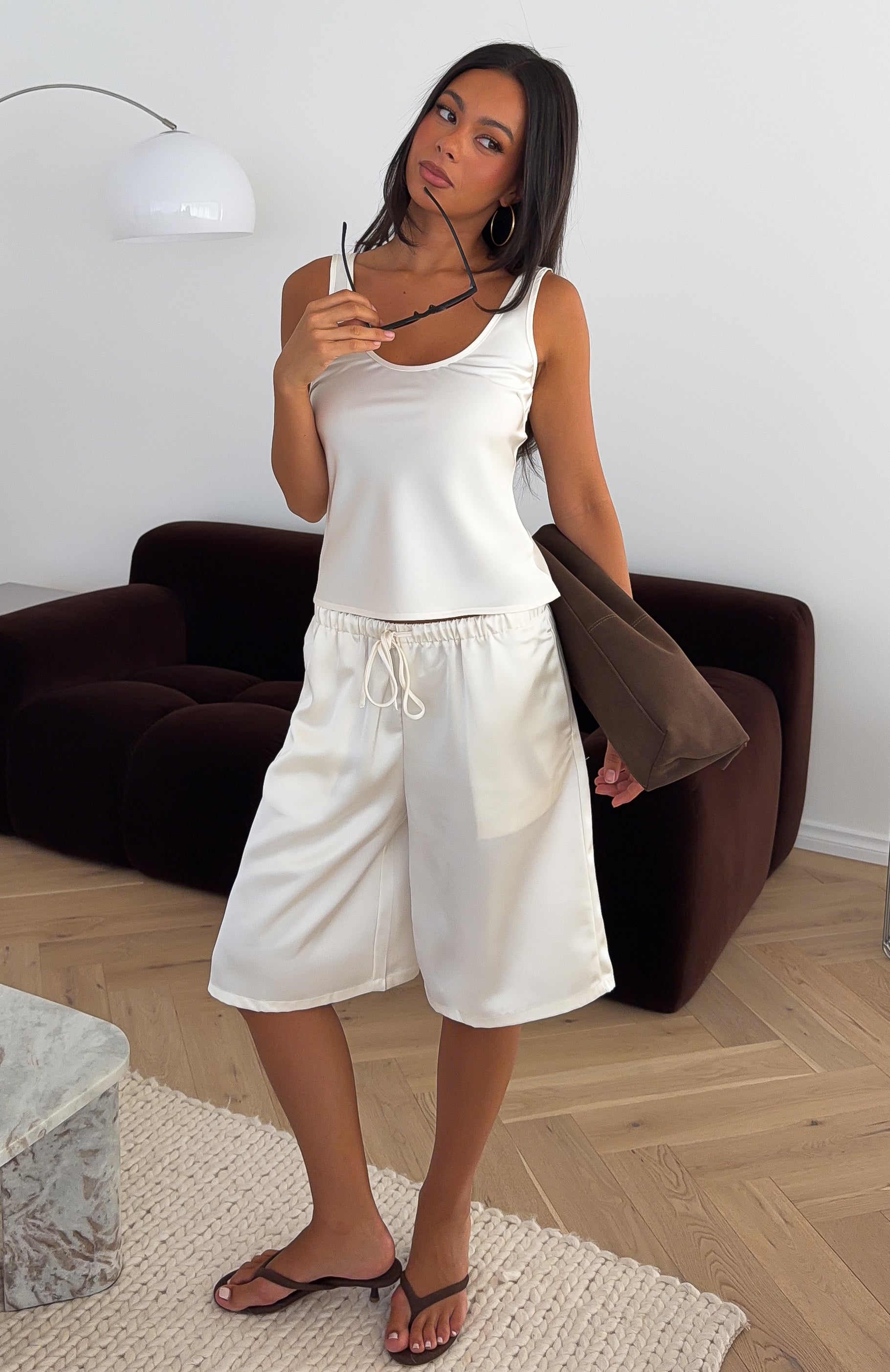 Under Different Stars Longline Satin Shorts Off White