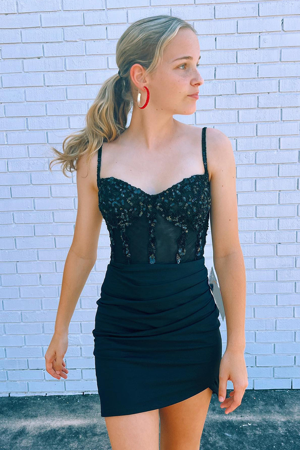 Sparkly Black Corset Satin Tight Short Homecoming Dress/Mini Dress with Sequins