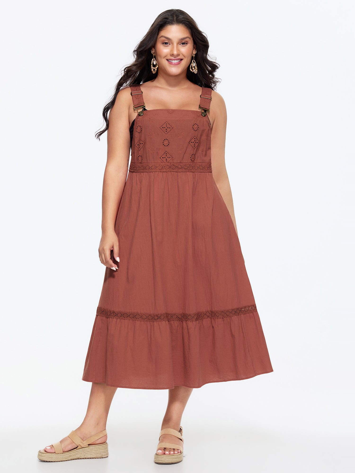 Cotton Boho Textured Overall Straps Midi Dress